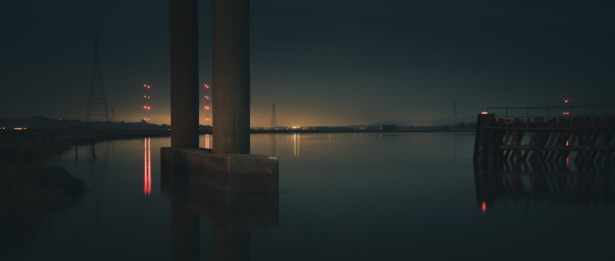 landscape, architecture, no people, outdoors, night, nature, 1080P, concrete, tranquility, waterfront, post, transportation, bridge, water, illuminated, HD Wallpaper