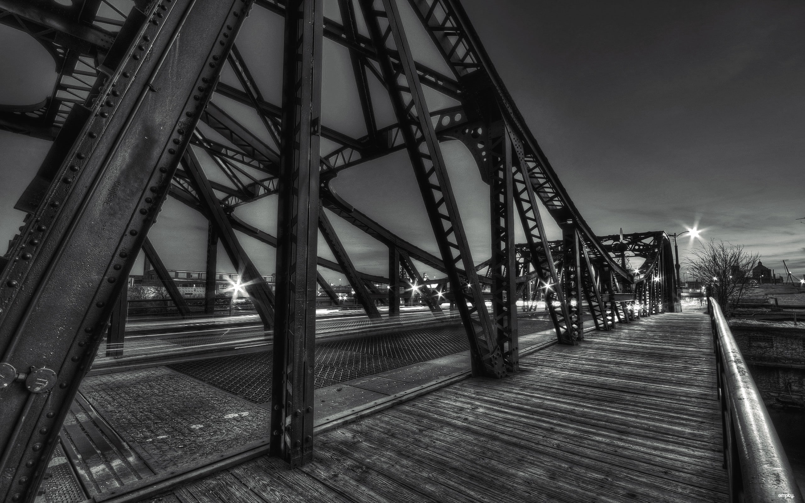 sky, steel, bridge - man made structure, monochrome, architecture, direction, outdoors, bridge, the way forward, railing, night, no people, illuminated, HD Wallpaper