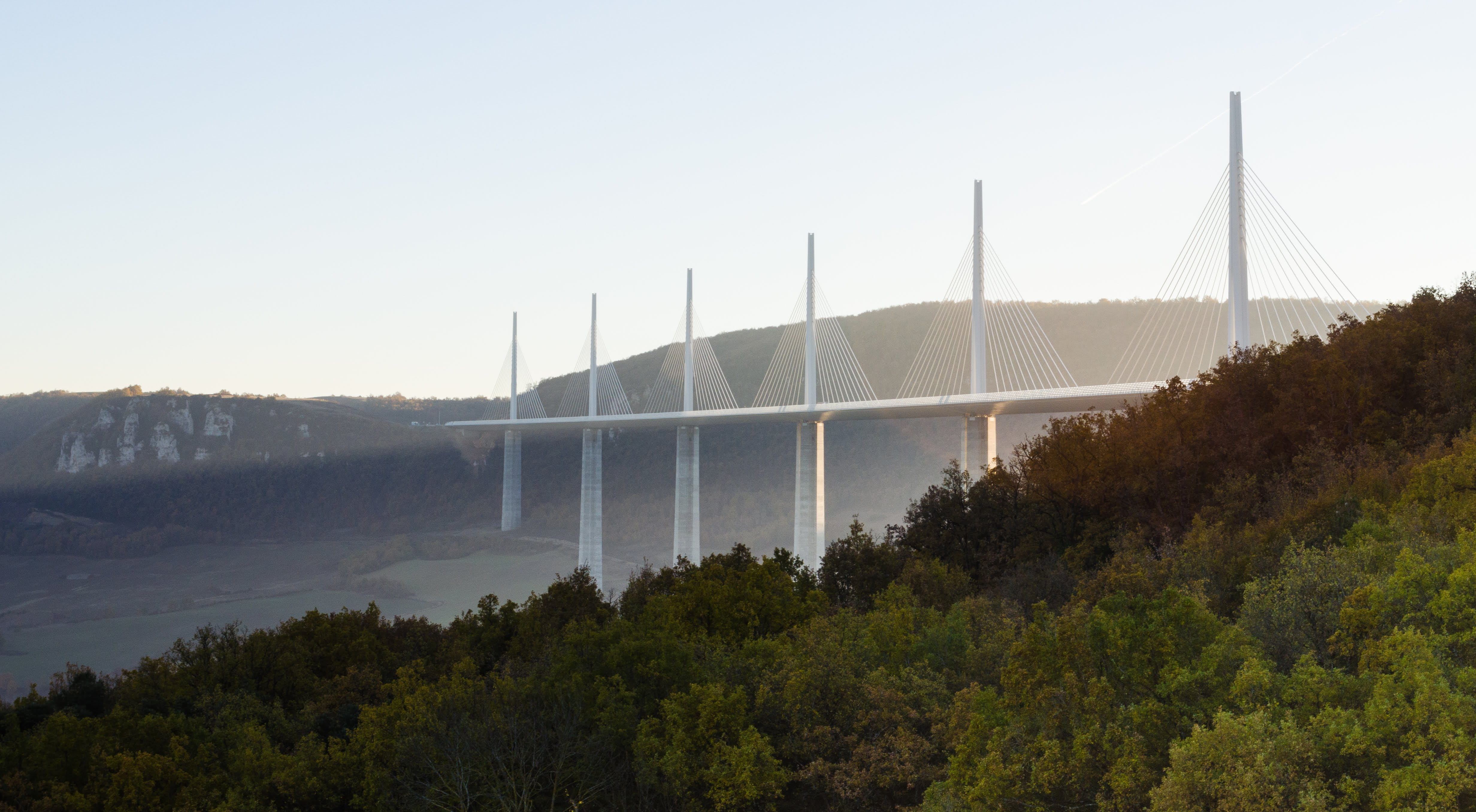 viaduc de millau, scenics - nature, france, tree, forest, no people, architecture, travel, 4K, travel destinations, fog, environment, sky, outdoors, water, HD Wallpaper