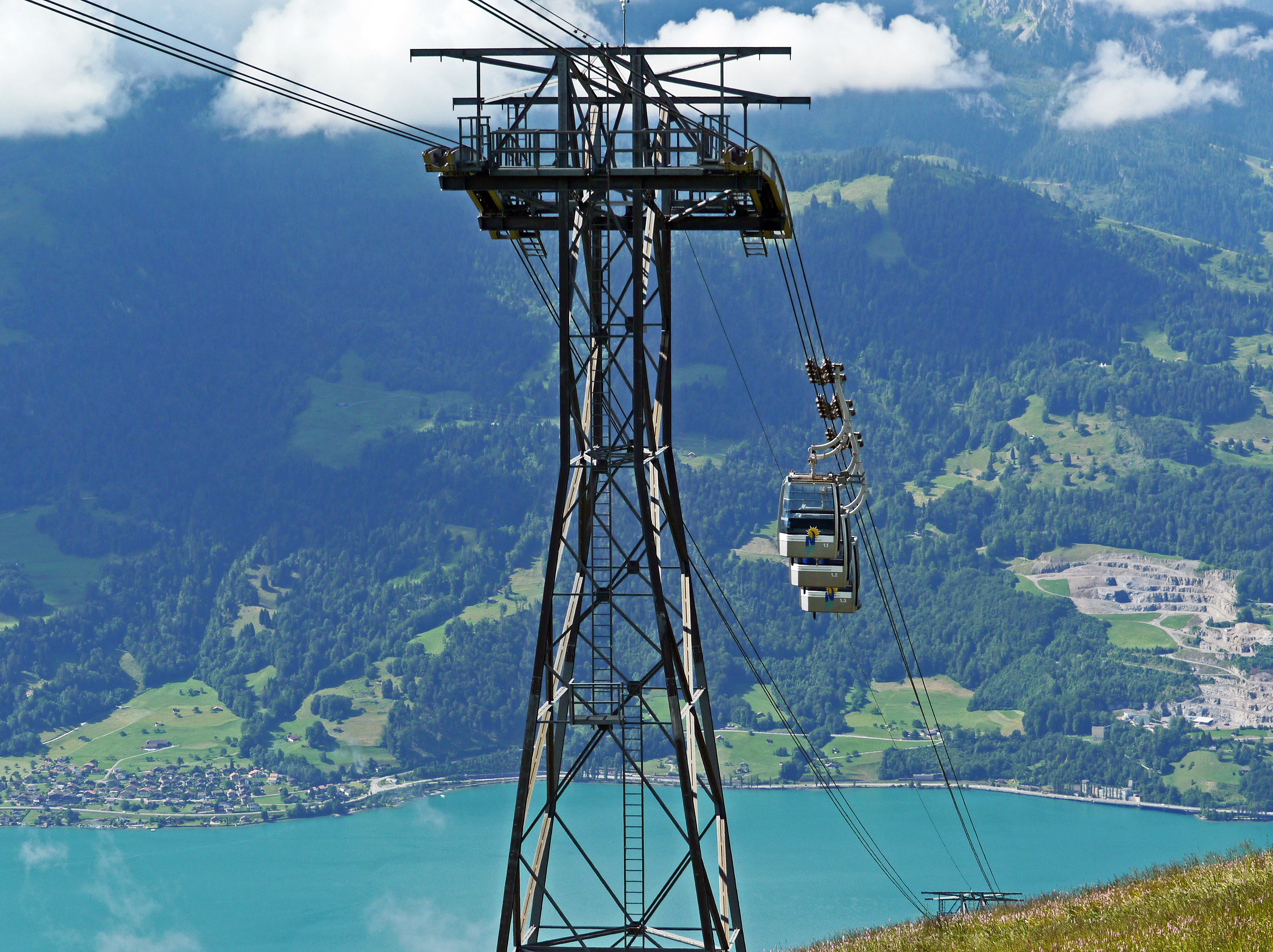 mountain, scenics - nature, non-urban scene, landscape, thun lake, lake, alpine, plant, lake thun, quarry, transportation, intermediate, 4K, day, technology, HD Wallpaper