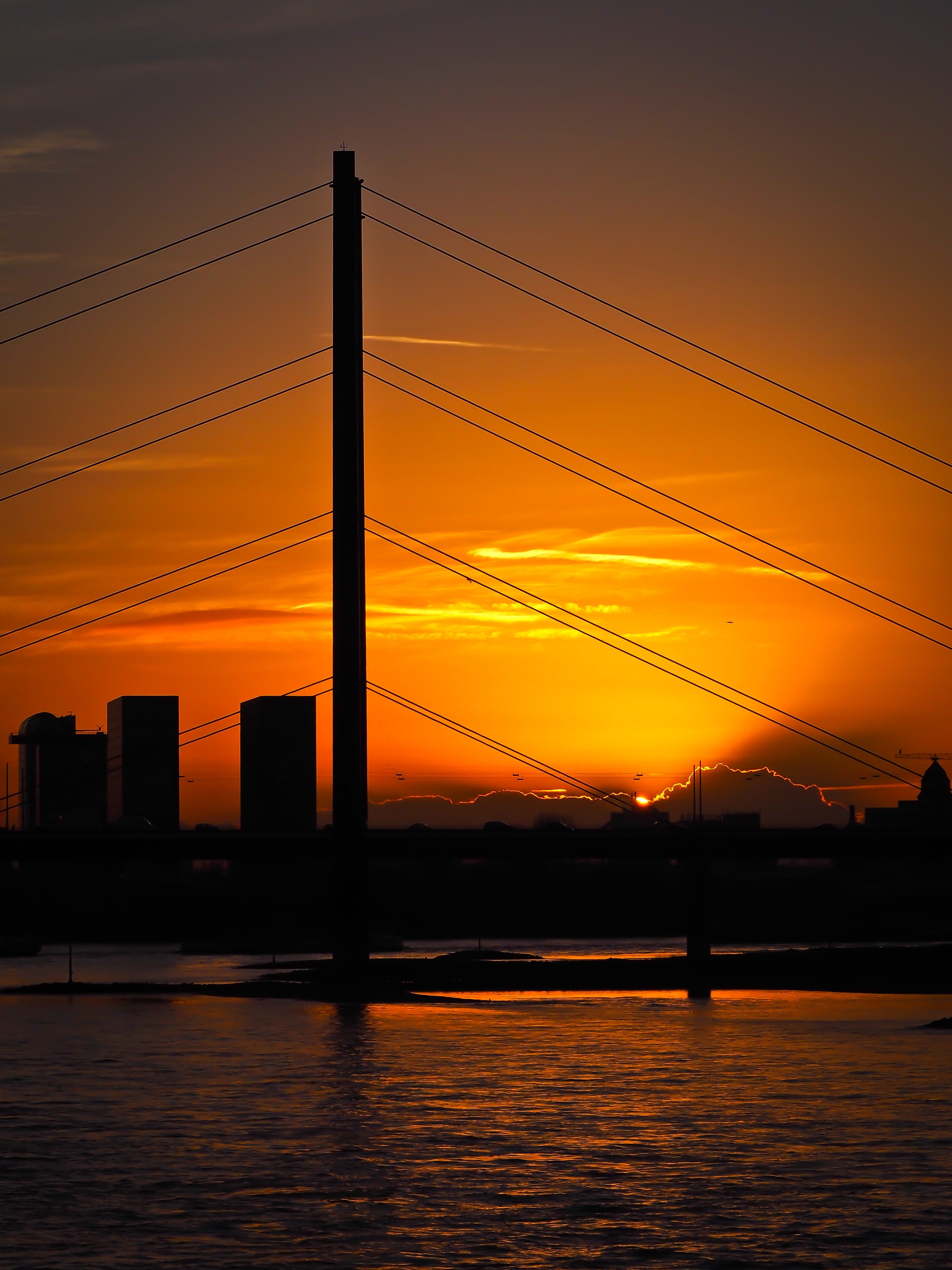 skyline, no people, suspension bridge, rheinbrücke, romantic sky, 4K, nature, abendstimmung, silhouette, water, cityscape, outdoors, electricity, düsseldorf, Phone HD Wallpaper