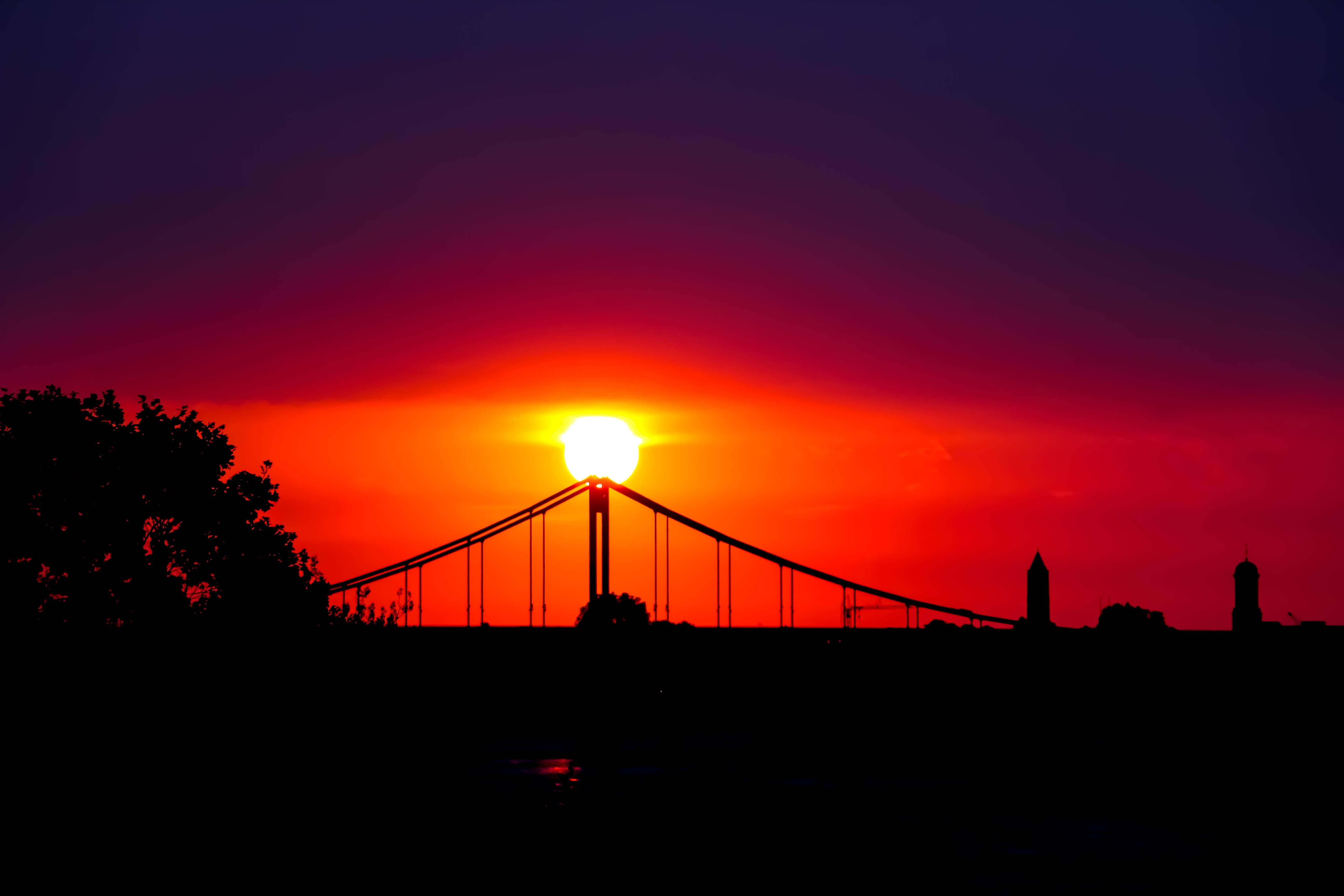 bridge - man made structure, sky, silhouette, 5K, cable-stayed bridge, rheinbrücke, suspension bridge, built structure, Krefeld, nature, beauty in nature, HD Wallpaper