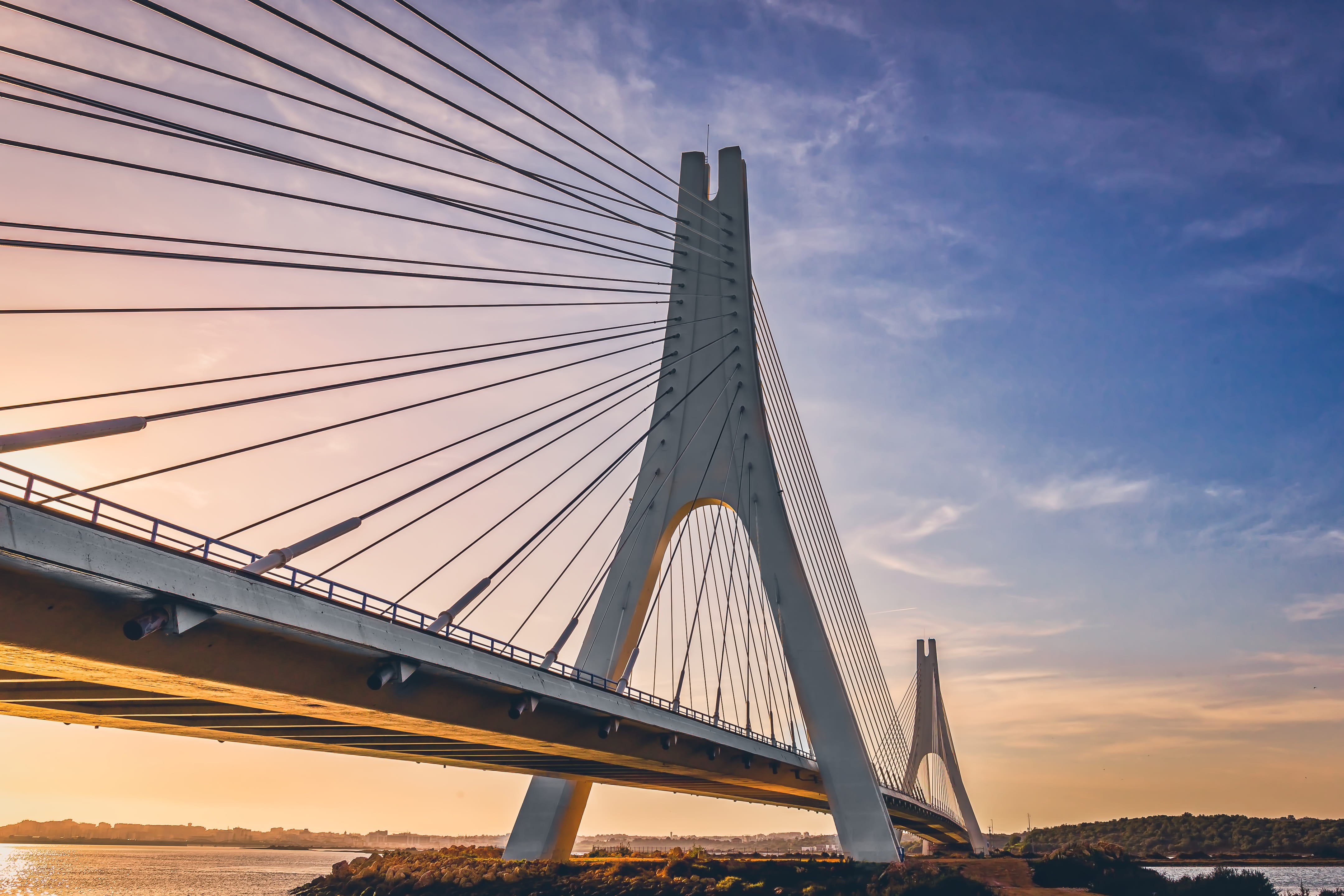 architecture, river, connection, transportation, low angle view, city, cable-stayed bridge, bridge, evening, nature, sunset, travel, dusk, 4K, built structure, HD Wallpaper