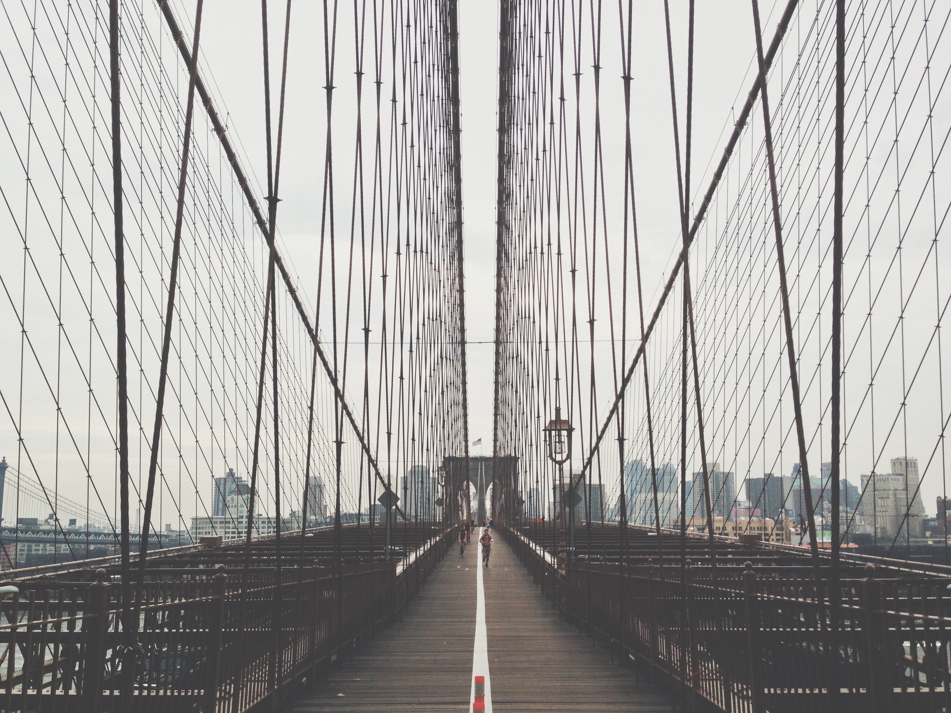 road, sky, suspension bridge, direction, walking, urban, outdoors, line, cable, running, center, built structure, city, people, travel destinations, diminishing perspective, HD Wallpaper