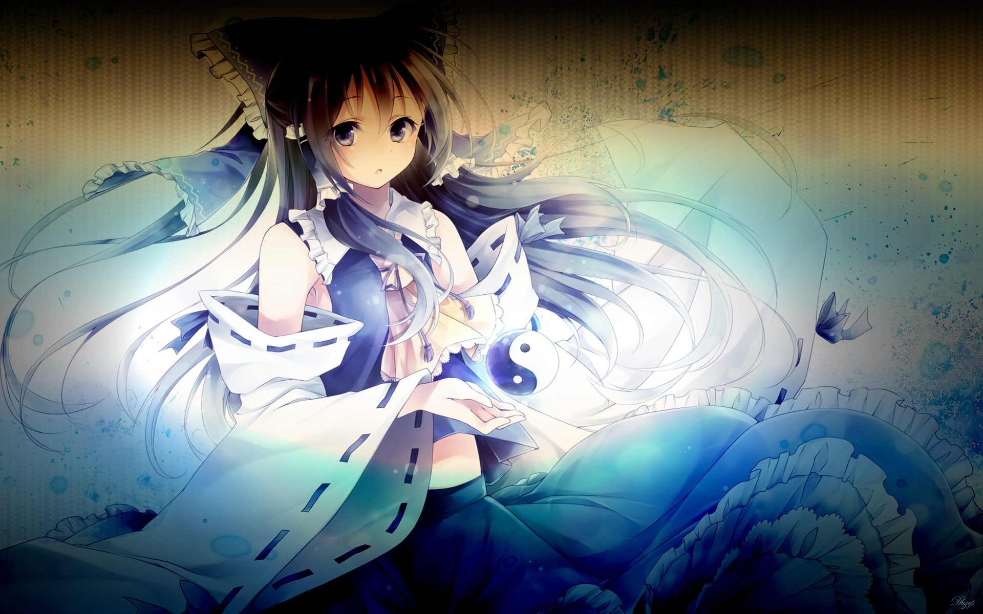 video, hd, art, bows, eyes, 1080P, games, long, blue, yang, bl, hakurei, ribbons, hair, alternate, ying, reimu, miko, Video Games, skirts, Touhou, HD Wallpaper