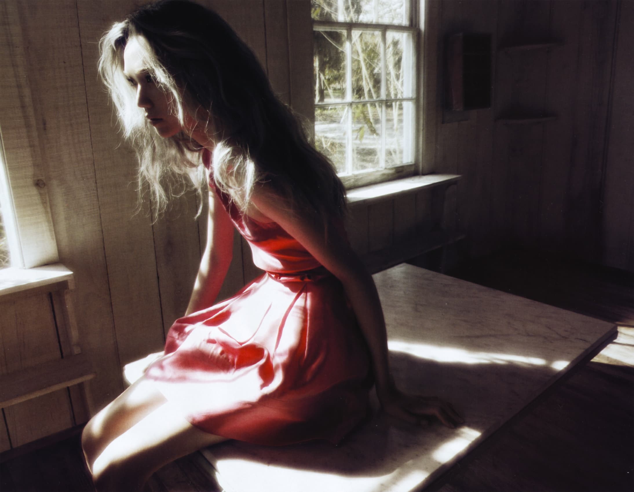 1080P, blonde, red dress, women indoors, actress, sunlight, Asian, Tao Okamoto, HD Wallpaper