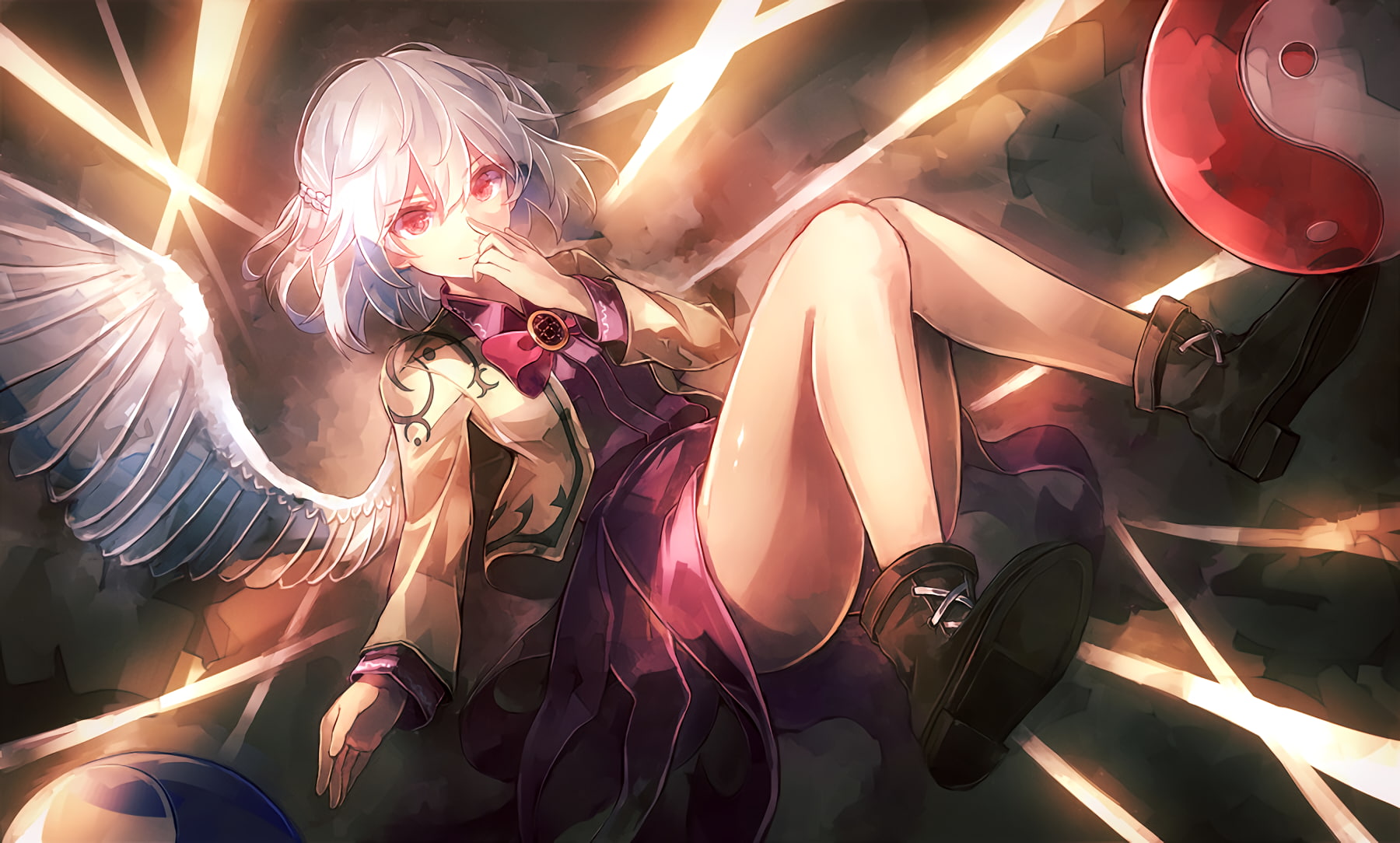 Wings, Dress, Short Hair, Shoe, White Hair, Sagume Kishin, Touhou, Anime, 720P, Yin and Yang, Smile, Red Eyes, HD Wallpaper