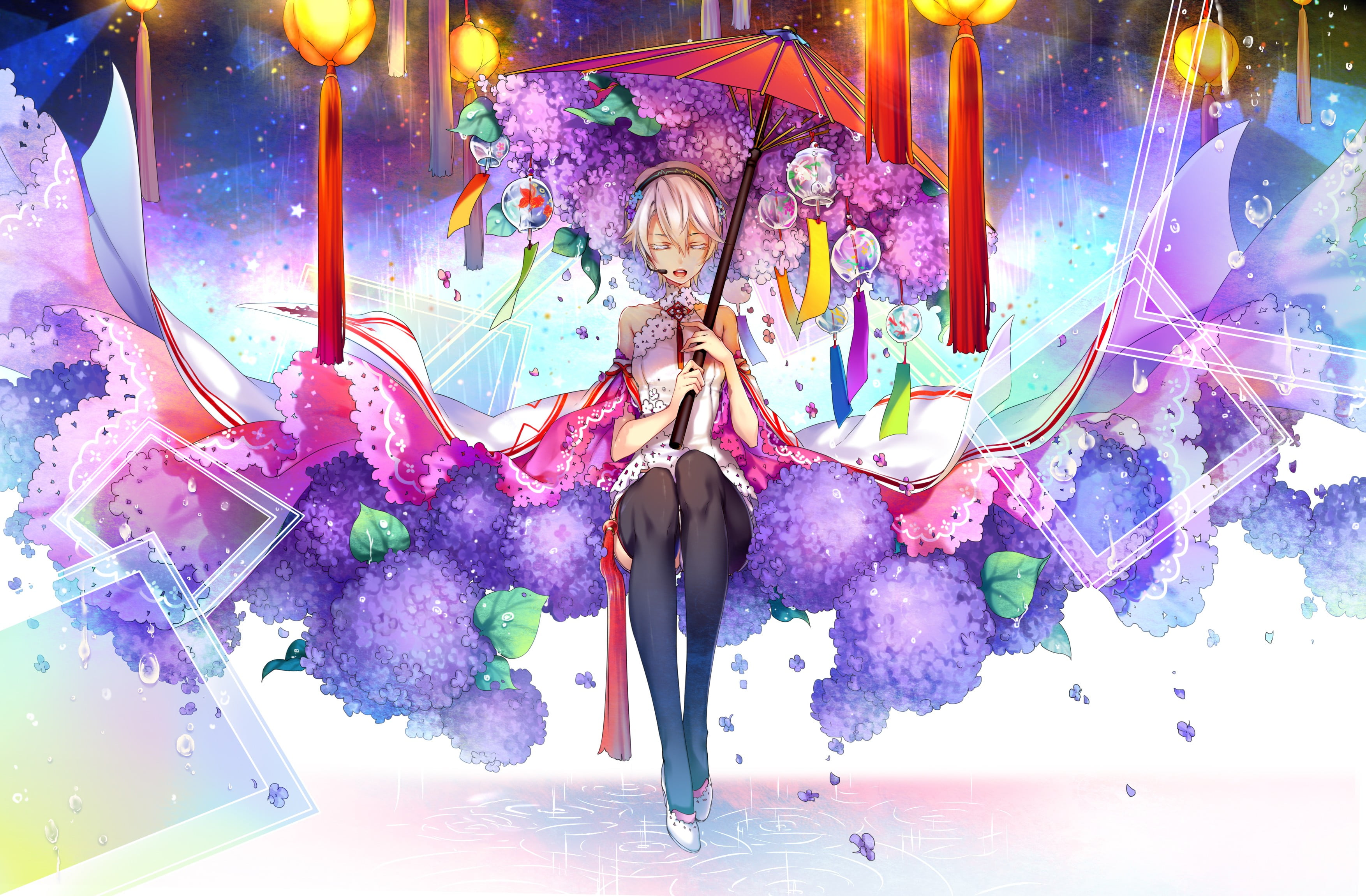 casual clothing, women, anime, flowers, multi colored, full length, creativity, Vocaloid China, front view, anime girls, headphones, art and craft, Yan He, HD Wallpaper