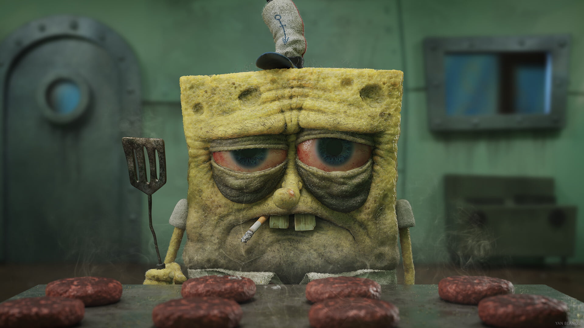 Yan Blanco, digital art, spongebob, cigarettes, stove, 1080P, hamburgers, fast food, HD Wallpaper