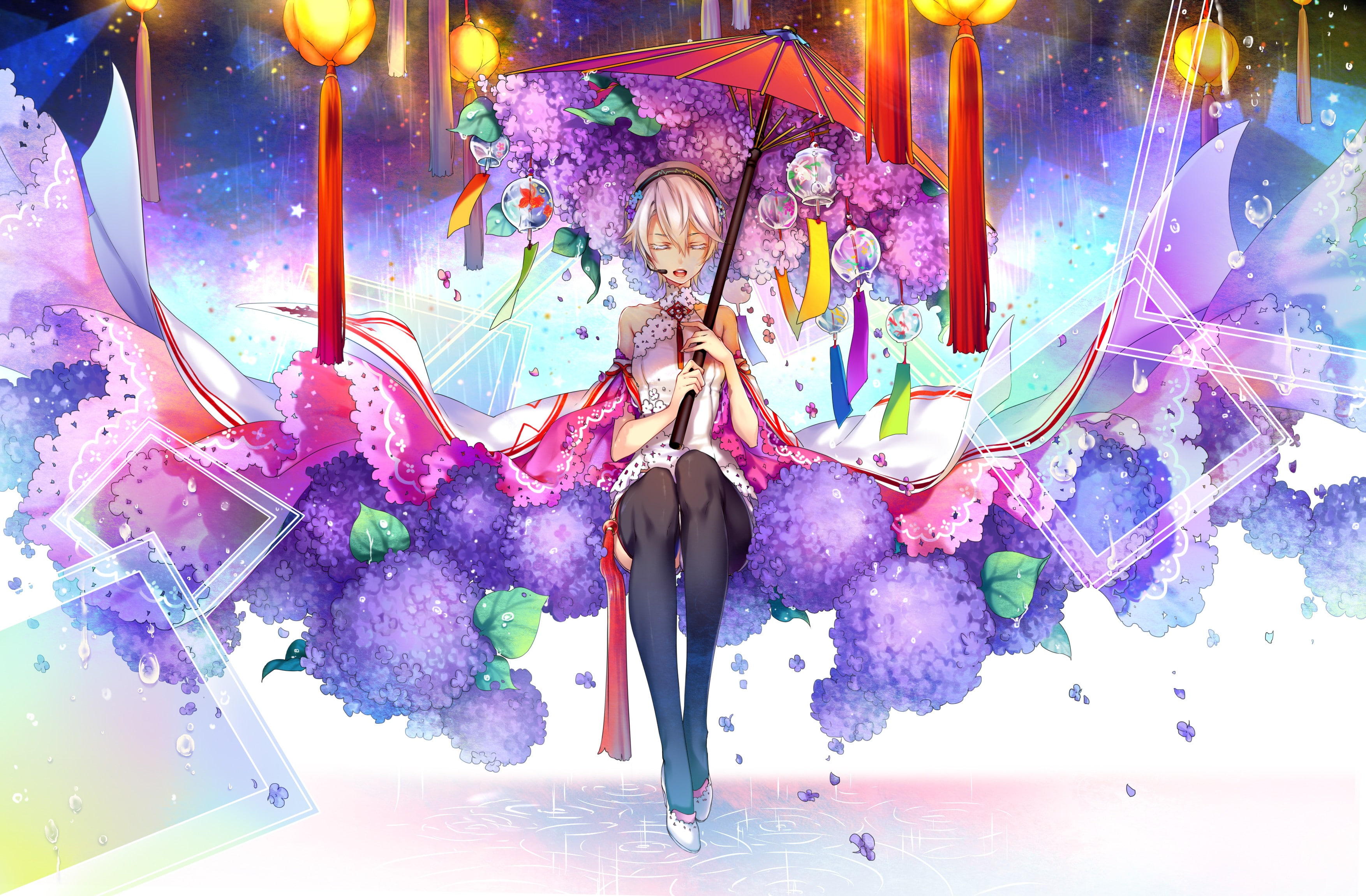 water, rain, Vocaloid China, 2K, headphones, flowers, anime, short hair, anime girls, Yan He, Vocaloid, umbrella, HD Wallpaper