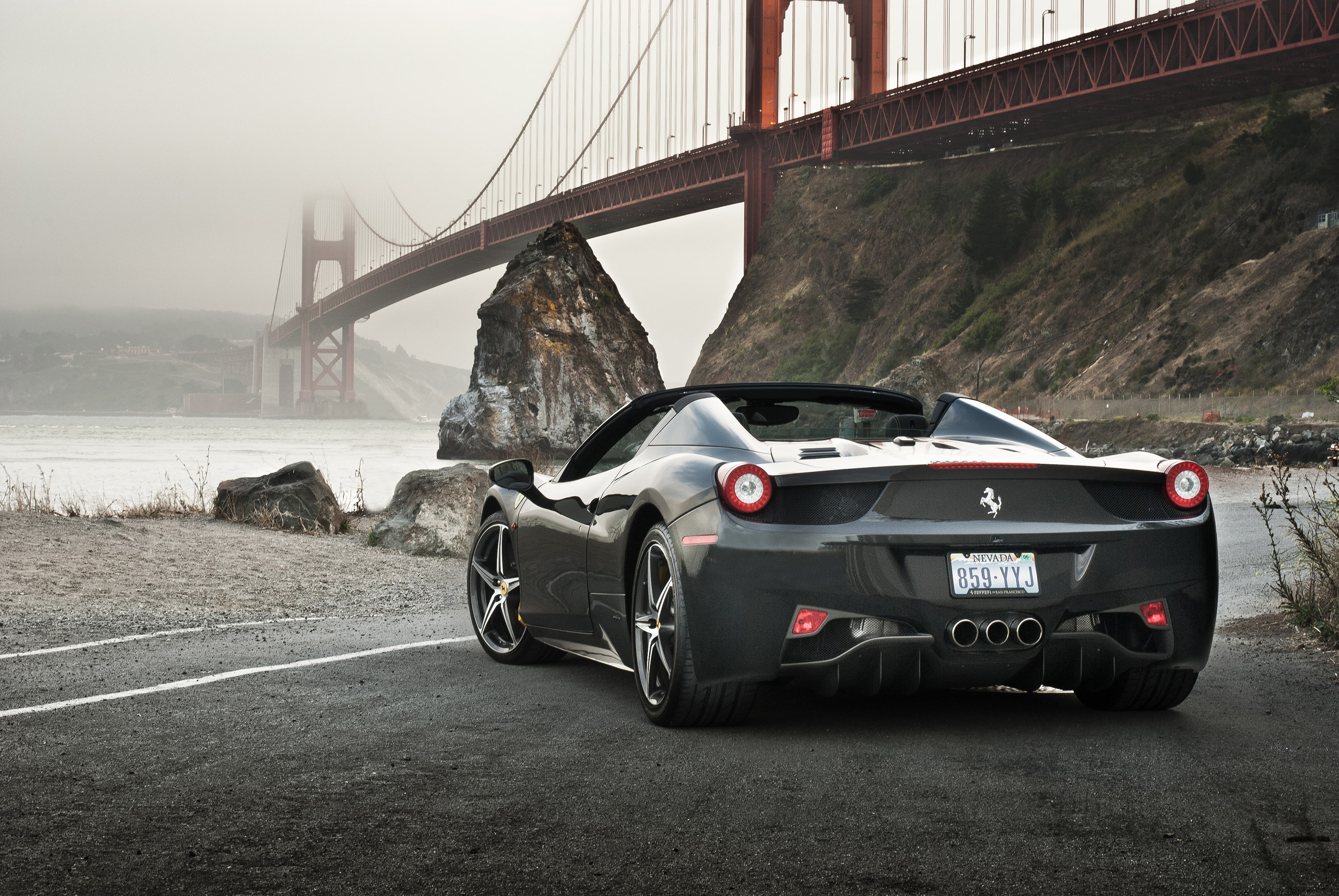Ferrari, Gray, Water, Back, Rocks, Spider, 458, Supercar, Bridge, 2K, HD Wallpaper