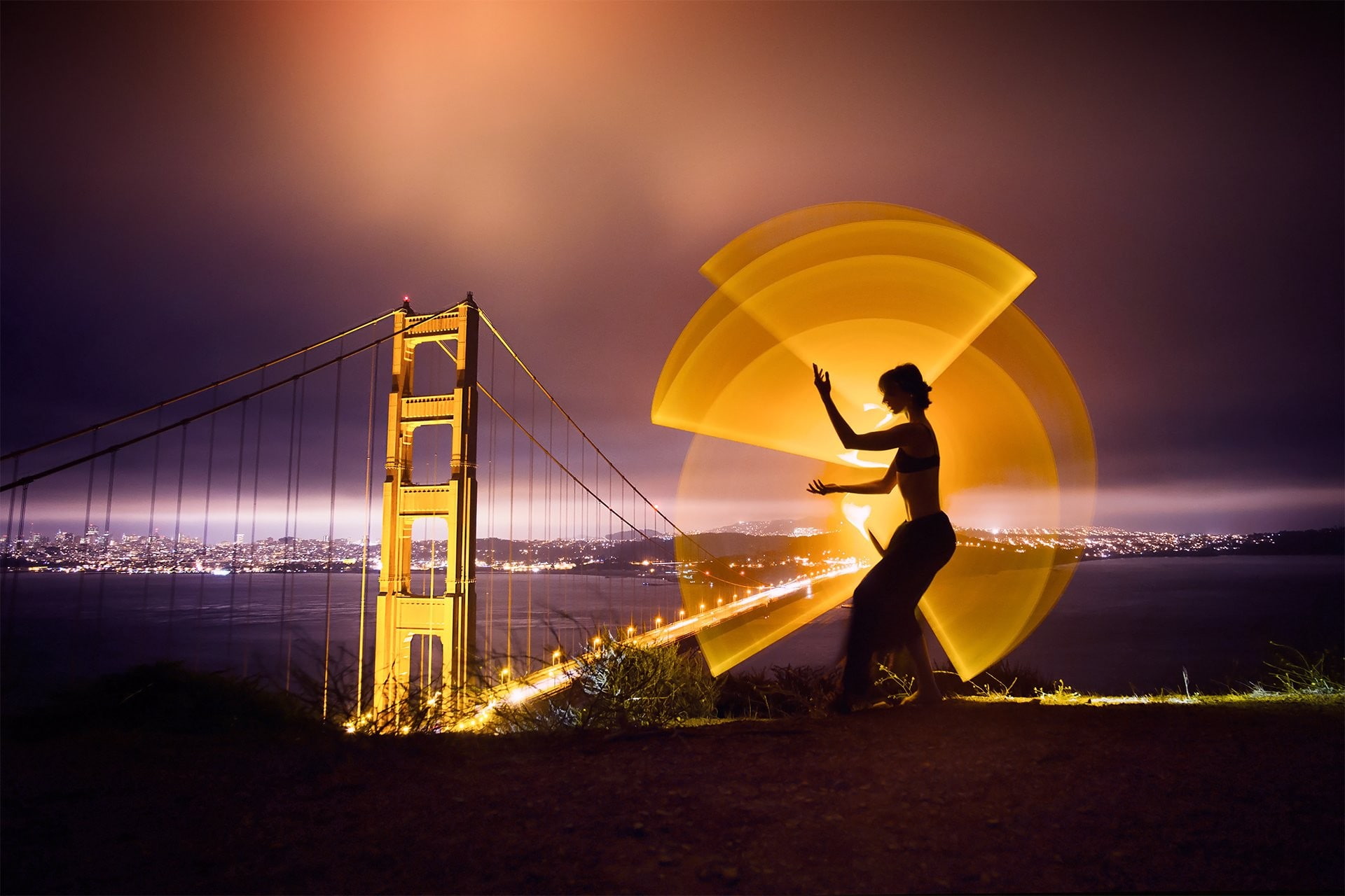 yellow, USA, night, cityscape, lights, sea, Golden Gate Bridge, bridge, landscape, San Francisco, long exposure, light painting, women, nature, 1080P, HD Wallpaper