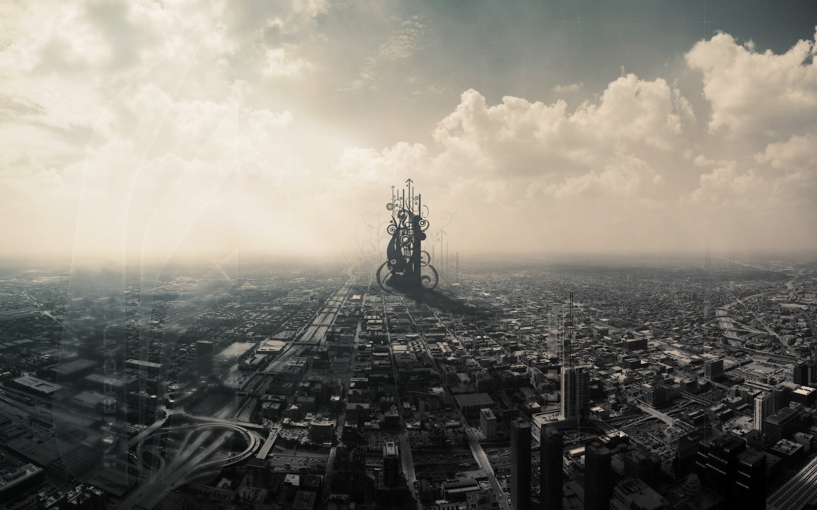 digital, high angle view, sky, cloud - sky, skyscraper, tower, office building exterior, crowd, 720P, clouds, building, built structure, nature, digital art, HD Wallpaper