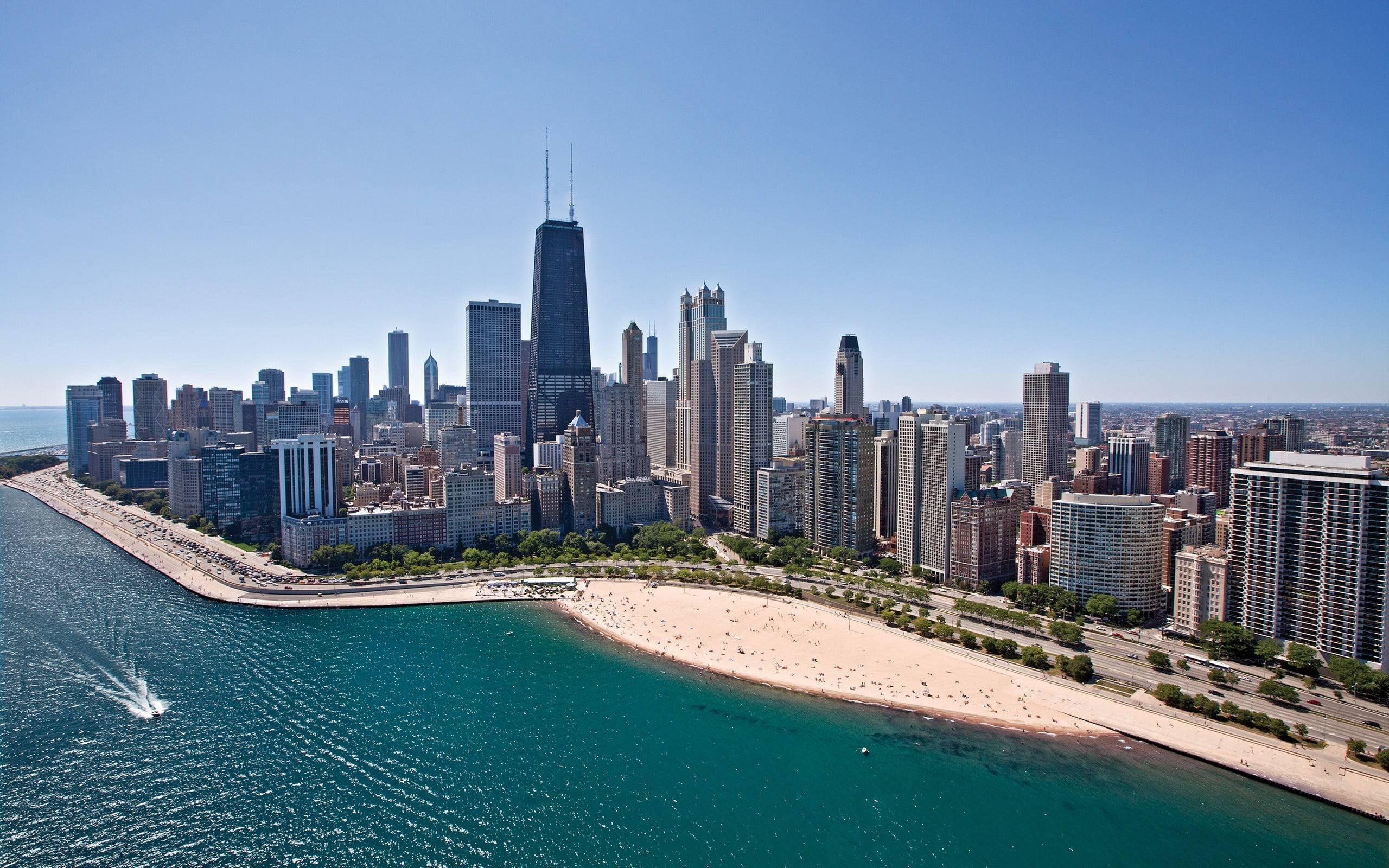 no people, Chicago, water, building exterior, outdoors, built structure, clear sky, photo, waterfront, sky, city, architecture, bay, 2K, office building exterior, HD Wallpaper