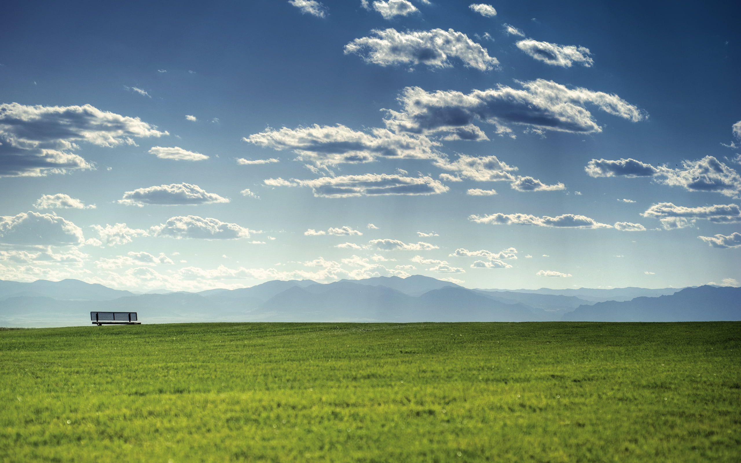 beauty In Nature, idyllic, plant, growth, outdoors, day, mountain, land, tree, blue, beautiful places, backgrounds, bench, landscape, field, green Color, HD Wallpaper
