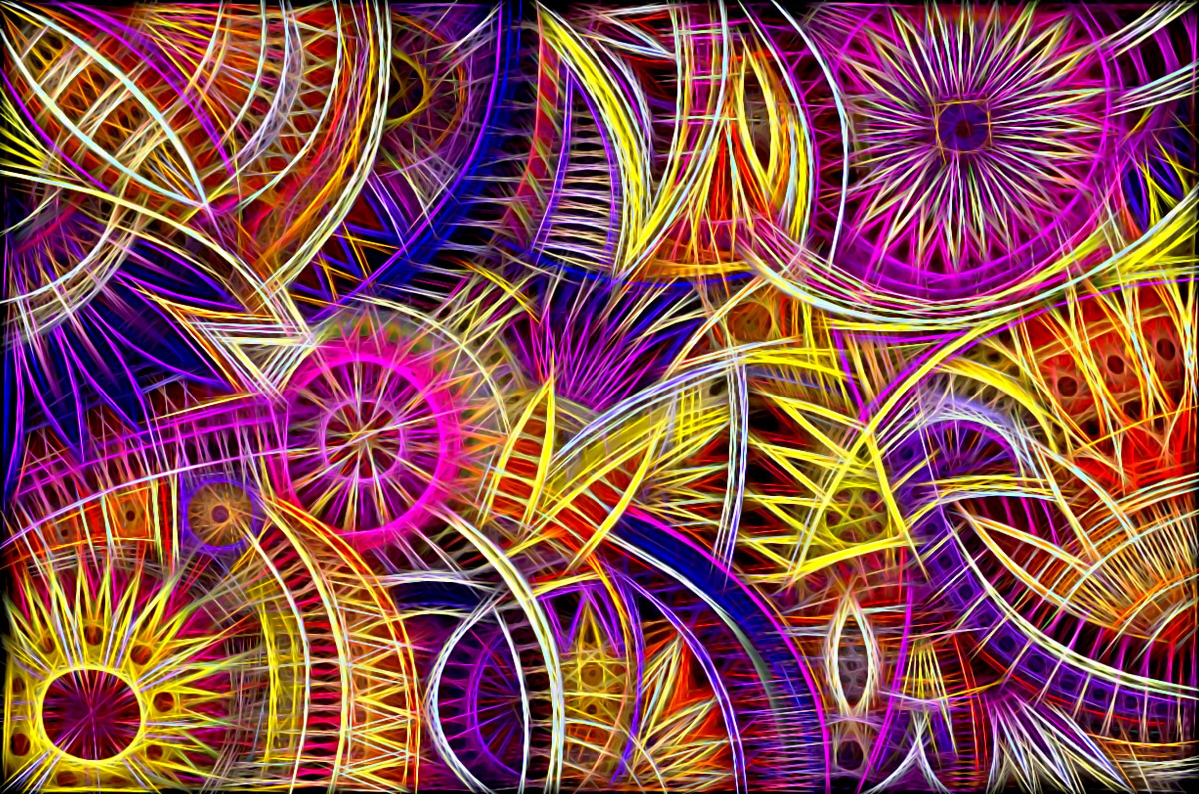 purple-blue-yellow shades, 1080P, fantasy, screensaver on your desktop, floral ornament, curves, abstraction, background, bright colors, circles, fractal picture, HD Wallpaper