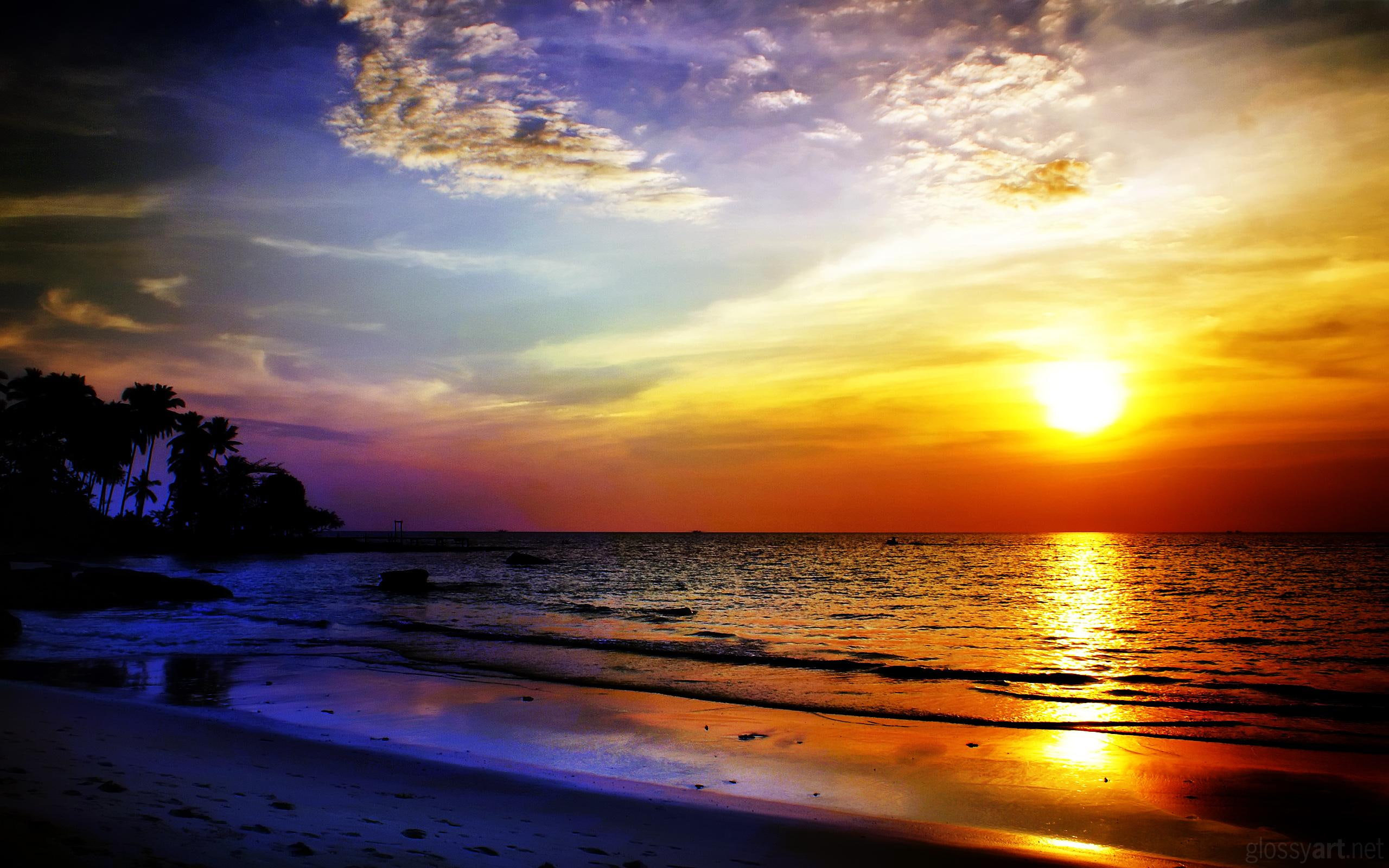 2K, sunset, beach, colors, shore, fading, nature and landscapes, clouds, HD Wallpaper
