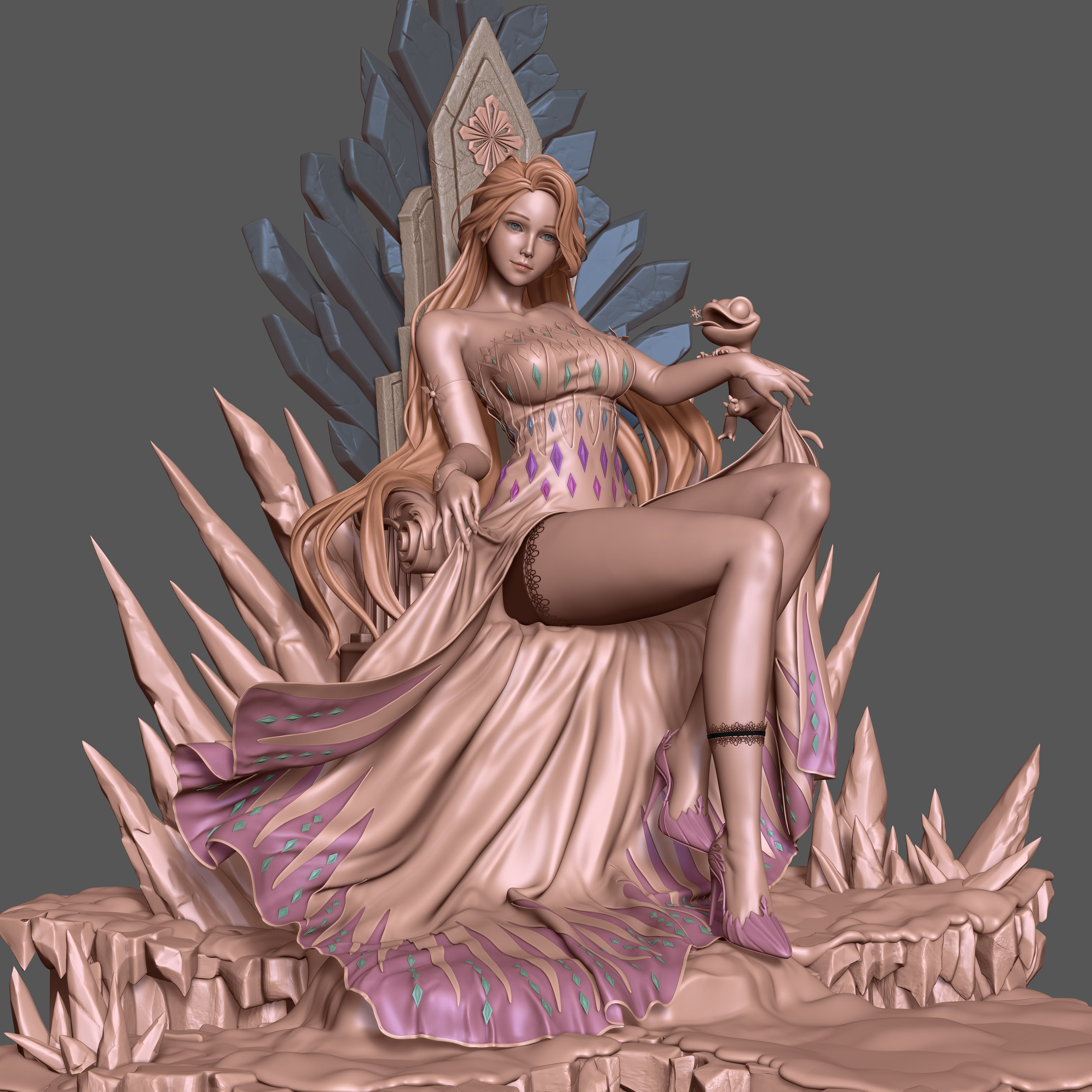 blue eyes, throne, 4K, legs, purple, dress, women, Cifangyi, high heels, lace garter, long hair, spikes, pink, shoes, CGI, simple background, Phone HD Wallpaper
