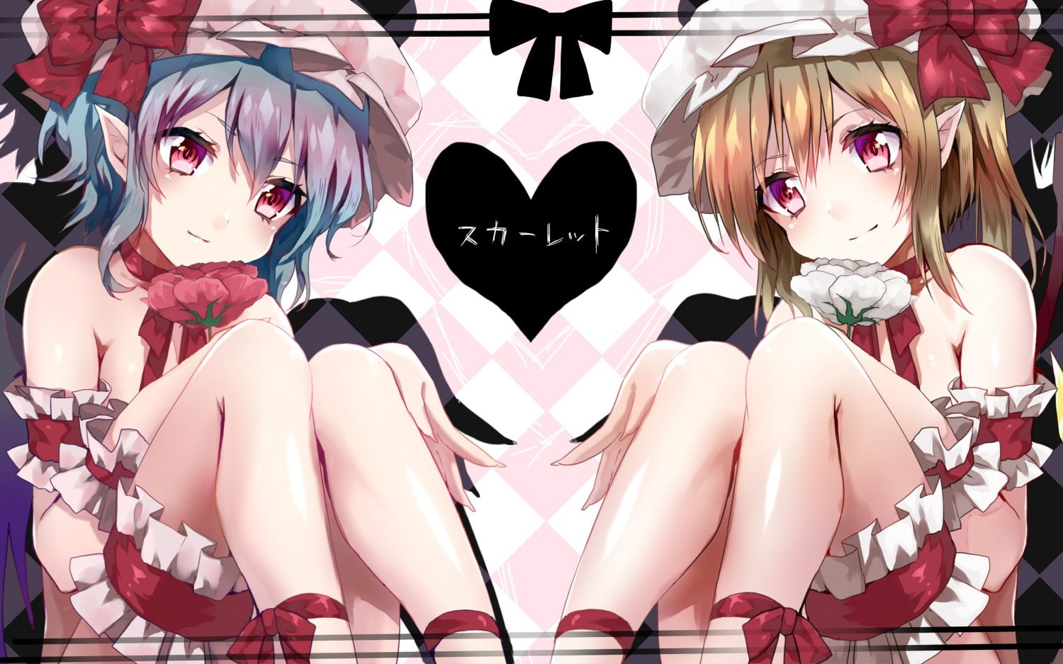 garter, red, bow, hair, pointed, heart, eyes, touhou, short, scarlet, blonde, flowers, hat, hijiri ssh, flandre, blue, girls, ears, remilia, 720P, ribbons, HD Wallpaper