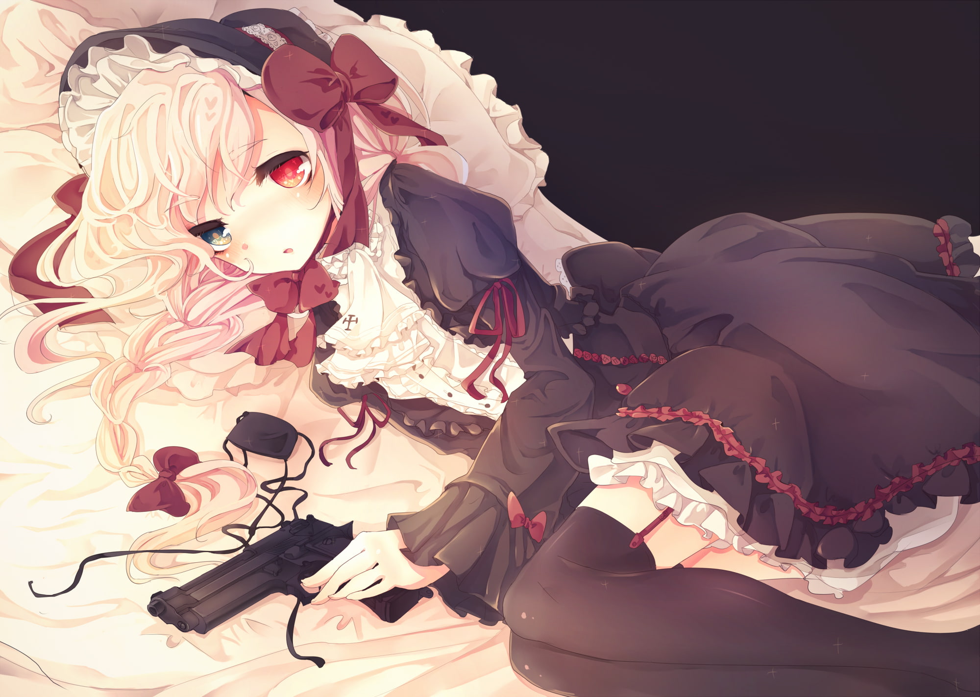 hair, blonde, lolita, thighhighs, original, eyes, weapon, long, fashion, 1080P, bicolored, sub poem, garter, gun, HD Wallpaper