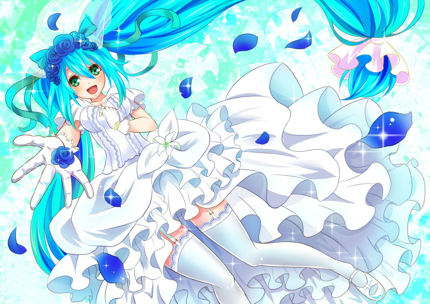 720P, headdress, green, thighhighs, blush, long, wedding, petals, hair, gloves, eyes, flowers, hatsune, ribbons, miku, vocaloid, twintails, blue, dress, HD Wallpaper