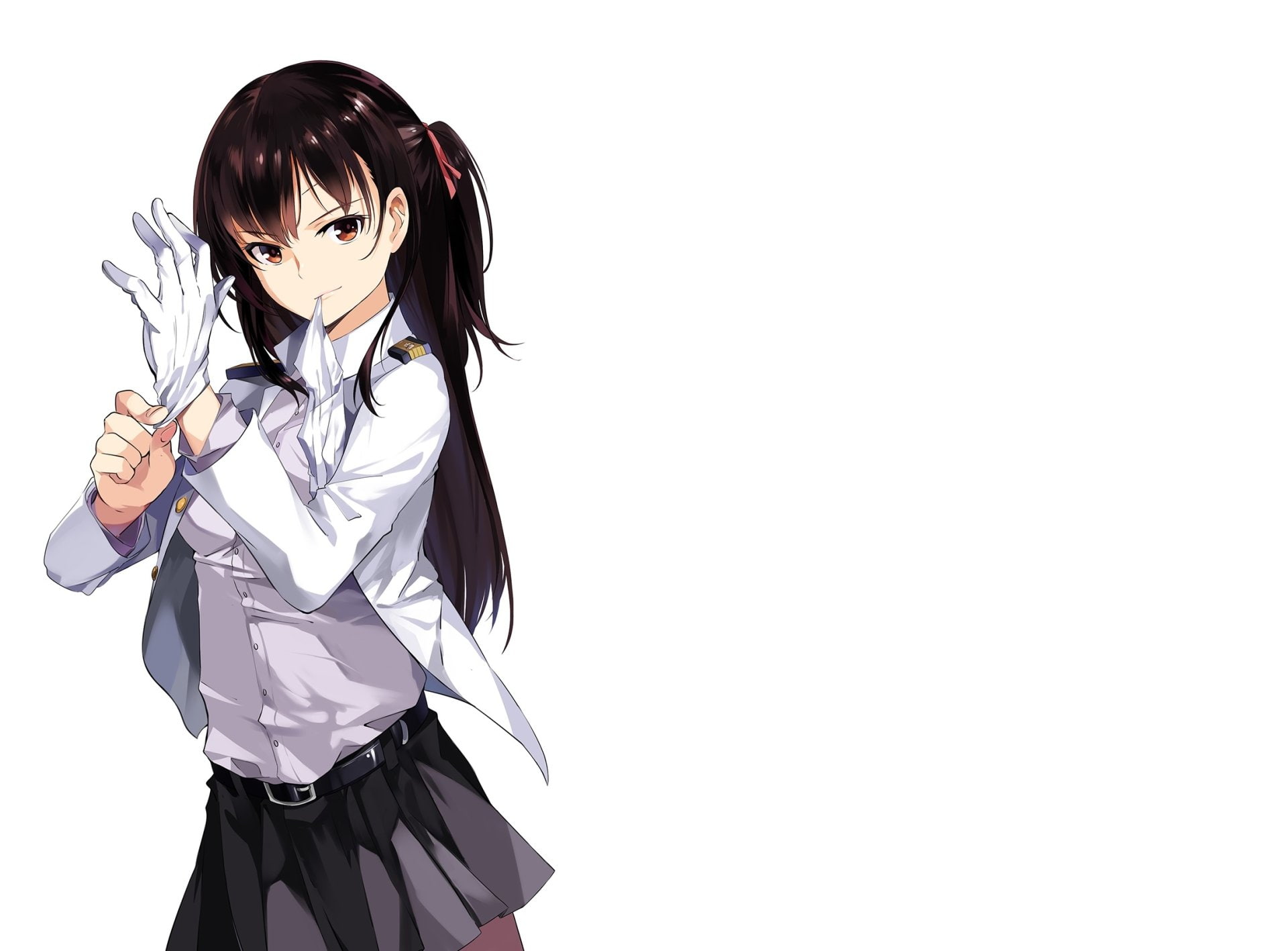 Brown Eyes, Long Hair, Belt, Kantai Collection, Skirt, Glove, Anime, Brown Hair, 1080P, Admiral (Kancolle), Smile, Girl, HD Wallpaper