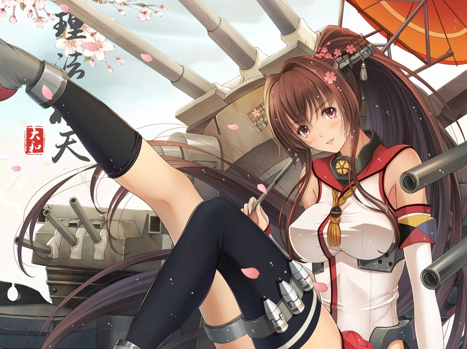 Thigh Highs, Anime, Brown Hair, 1080P, Girl, Kantai Collection, Yamato (Kancolle), Long Hair, Ponytail, Red Eyes, HD Wallpaper