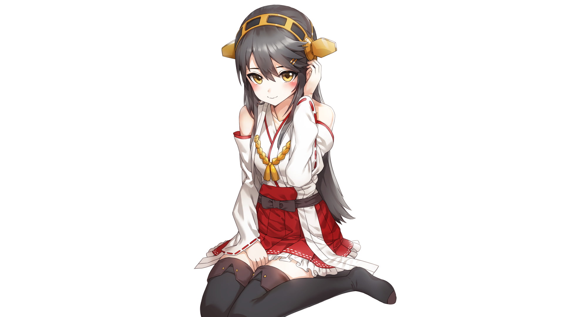 Haruna (Kancolle), 1080P, Kantai Collection, Girl, Brown Hair, Smile, Thigh Boots, Long Hair, Skirt, Anime, Yellow Eyes, HD Wallpaper