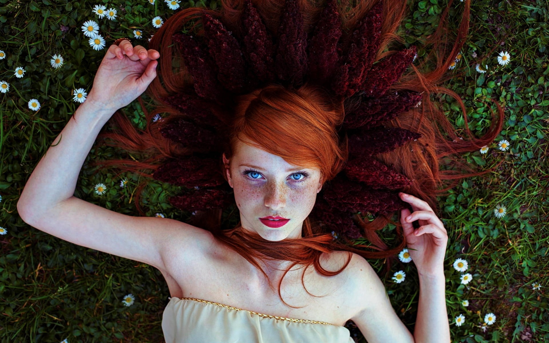 lying on back, human Face, land, grass, red lipstick, face, strapless, nature, springtime, women outdoors, white, 1080P, hairstyle, park - Man Made Space, HD Wallpaper