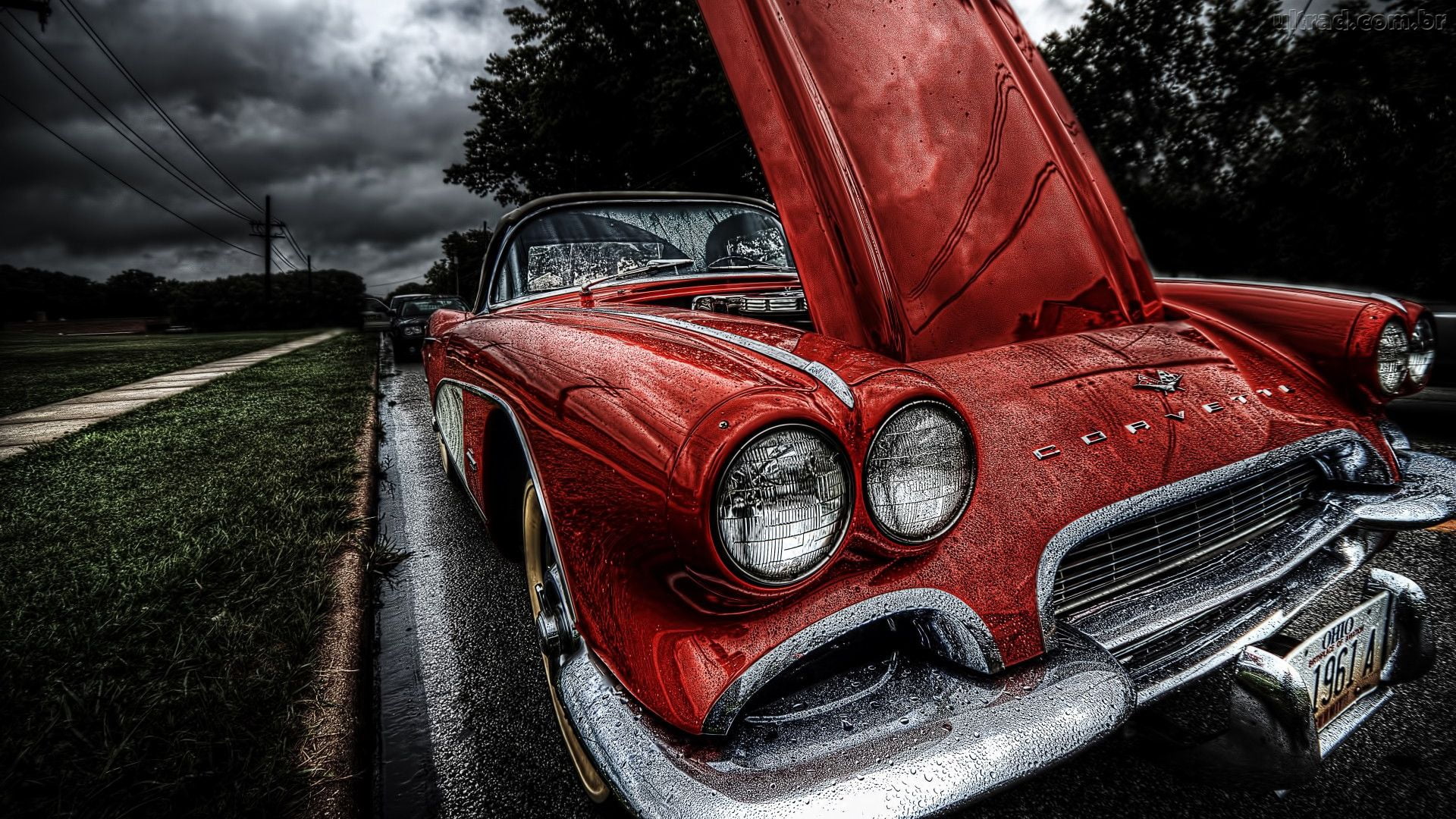 1080P, red, reflection, motor vehicle, outdoors, day, stationary, Corvette, land vehicle, no people, cloud - sky, black, retro styled, plant, headlight, HD Wallpaper