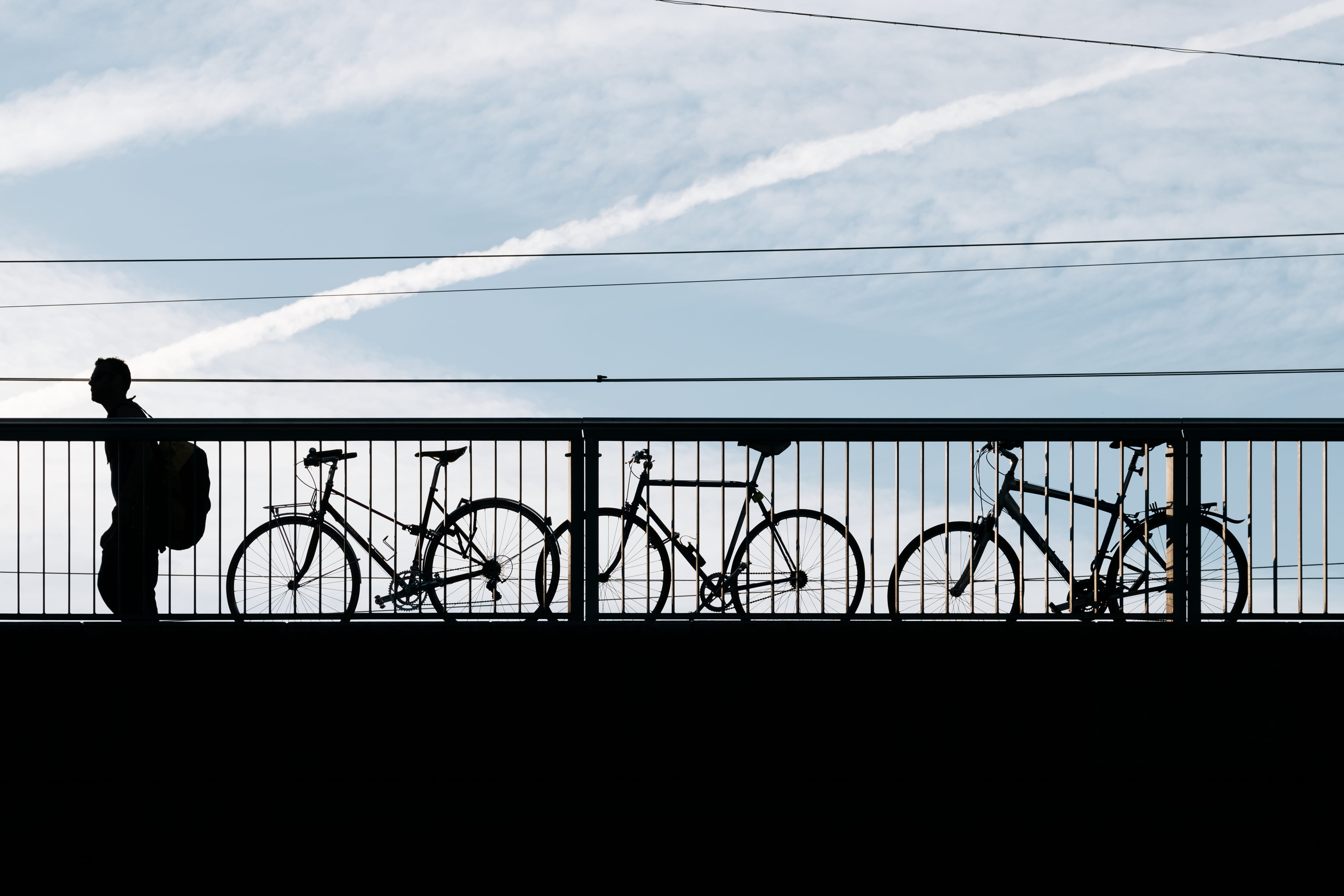black, cloud - sky, bikes, bike, man, bicycle, pedal bike, full length, cycle, nature, sky, locked bike, cable, city, person, beside, real people, railing, HD Wallpaper