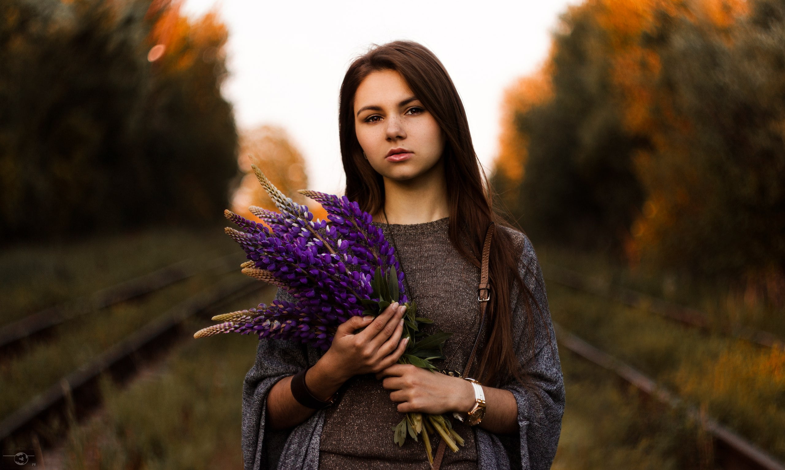 Vitaly Plyaskin, brown hair, nature, women, flowers, hairstyle, beautiful people, beauty, portrait, fashion, lavender, hair, adult, one person, young women, HD Wallpaper