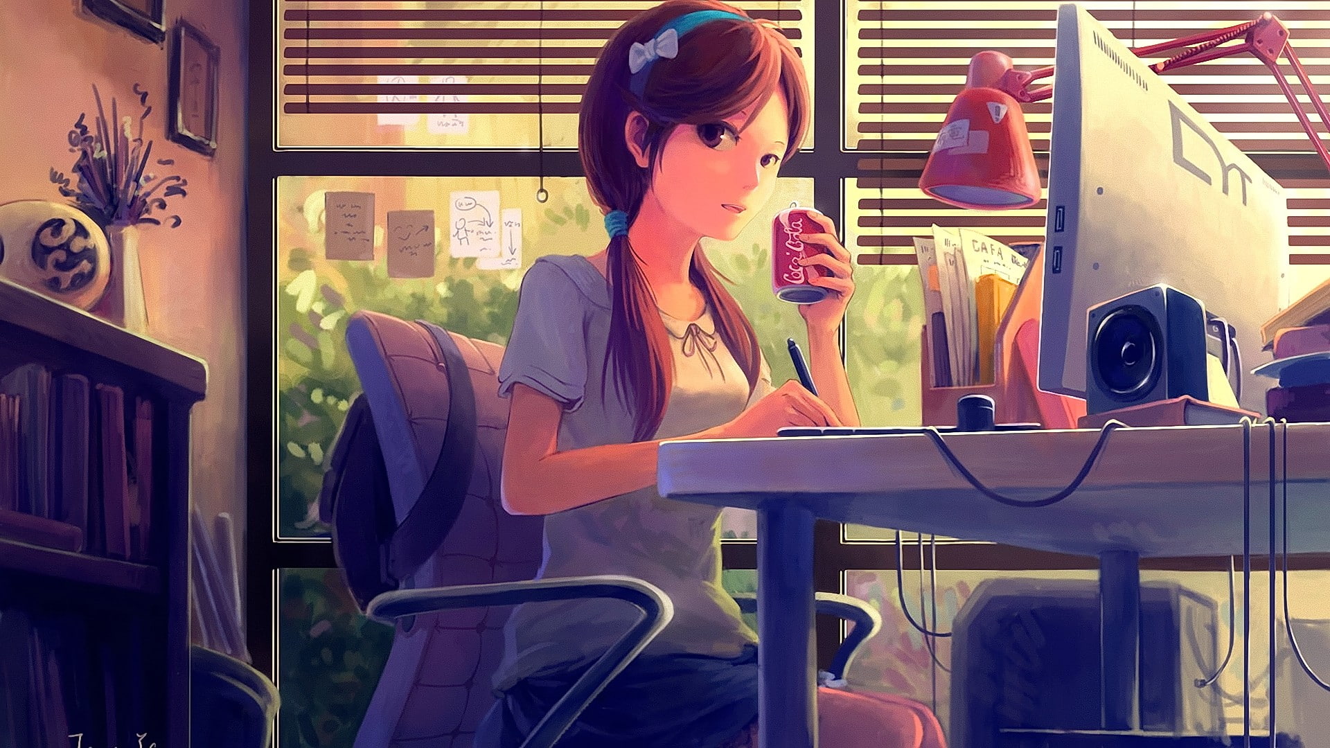 women, 1080P, looking at viewer, anime girls, standing, tailor, sitting, hairstyle, occupation, casual clothing, lifestyles, adult, three quarter length, HD Wallpaper