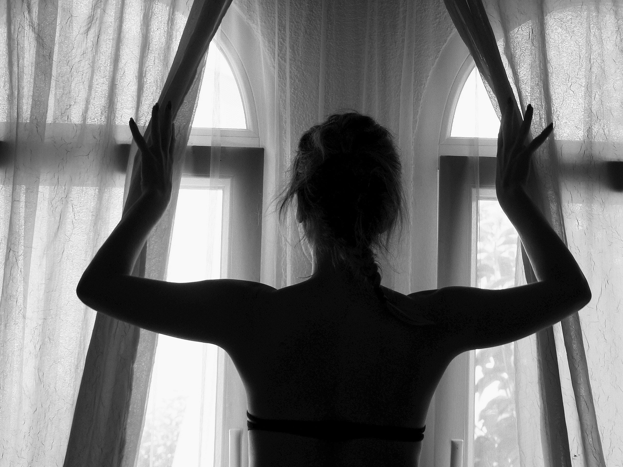 woman, young women, adults only, white, curtain, adult, human back, lifestyles, black, silhouette, waist up, people, indoors, day, 2K, architecture, back, HD Wallpaper