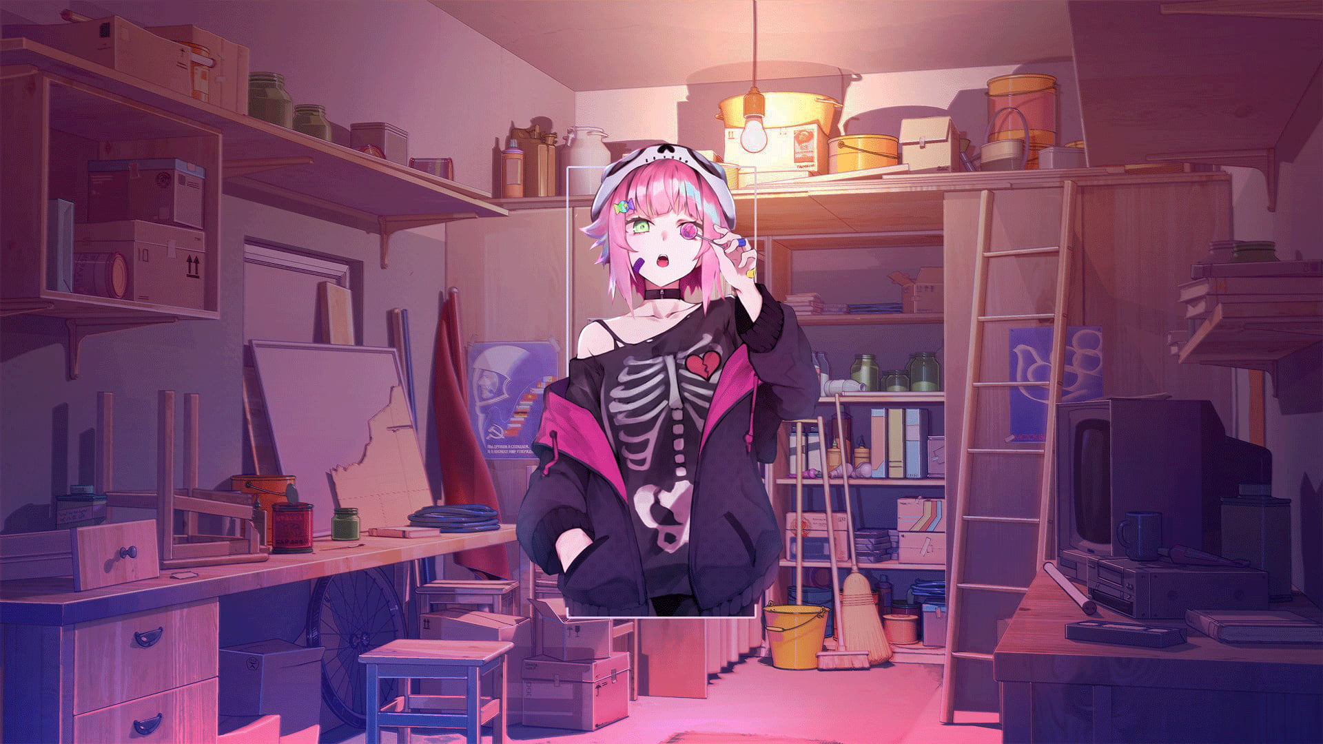 anime, picture-in-picture, anime girls, Halloween dress, digital art, room, storage room, 1080P, anime landscape, Photoshop, HD Wallpaper