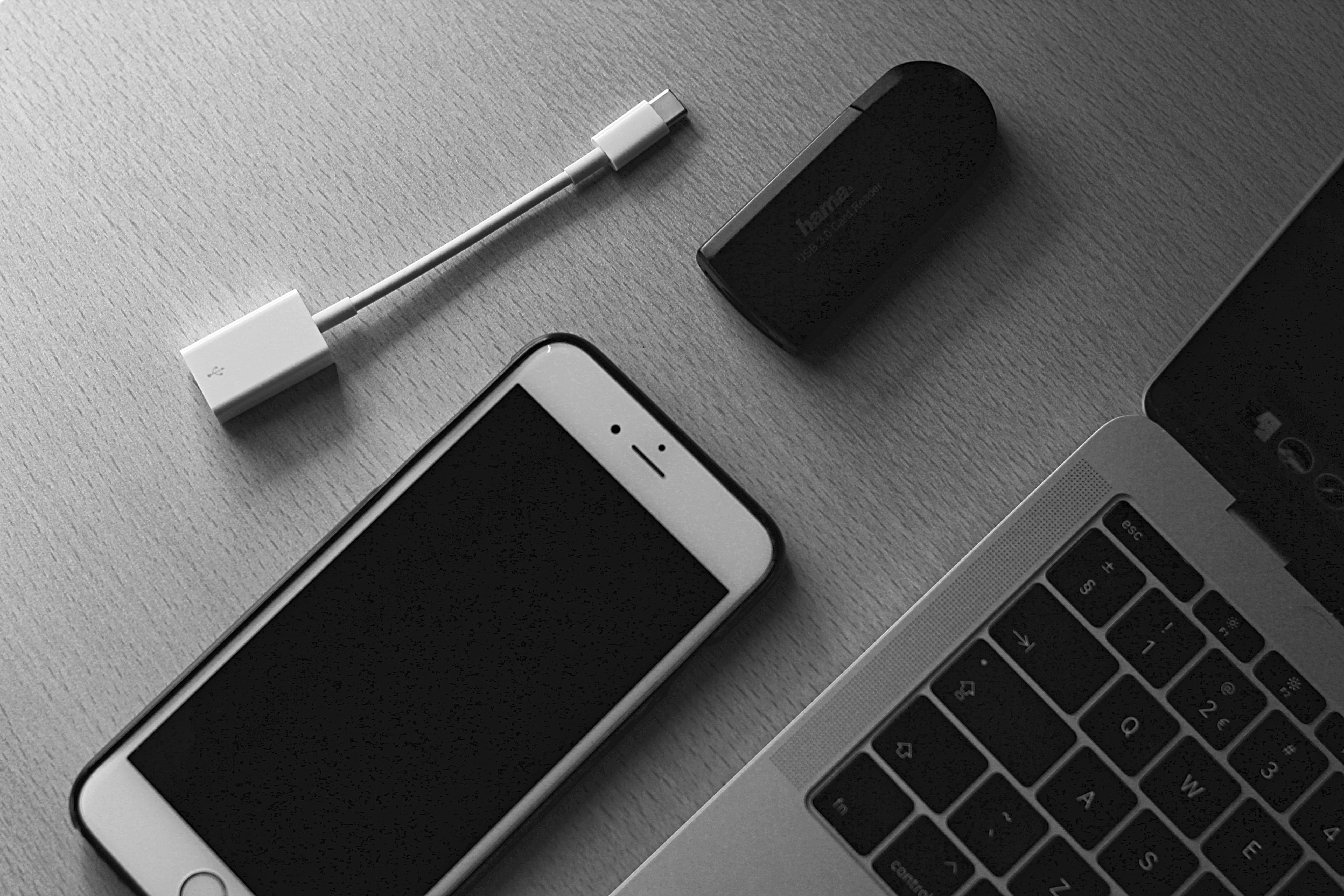 wireless technology, flatpic, still life, mobile phone, laptop, macbook pro, 5K, portable information device, smart phone, no people, equipment, table, HD Wallpaper