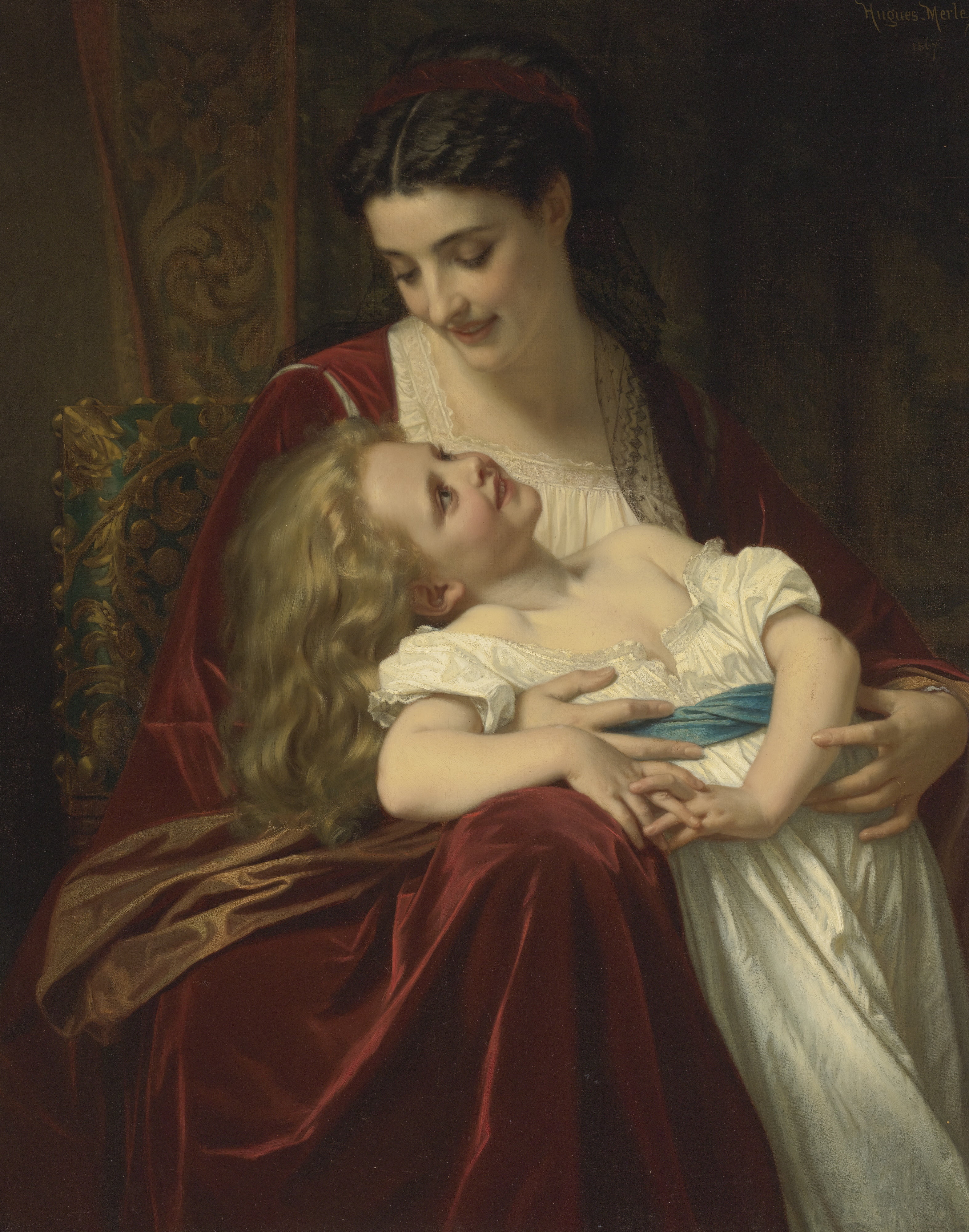 canvas, classic art, Hugues Merle, Maternal Affection, 4K, Phone HD Wallpaper