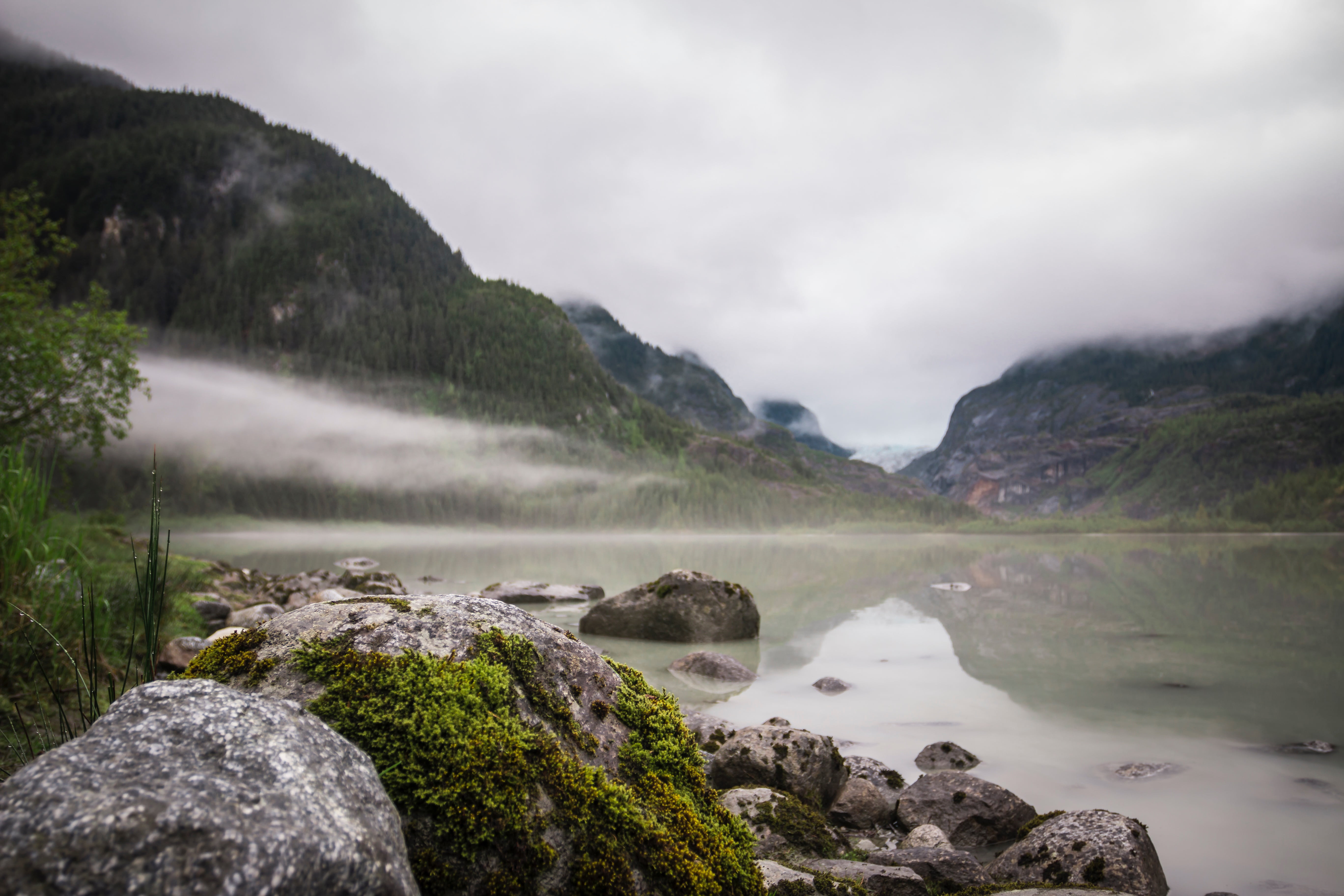 solid, mountain, tranquil scene, land, tranquility, moss, sky, rocks, river, landscape, fog, outdoors, scenics - nature, nature, day, cloud - sky, coast, HD Wallpaper