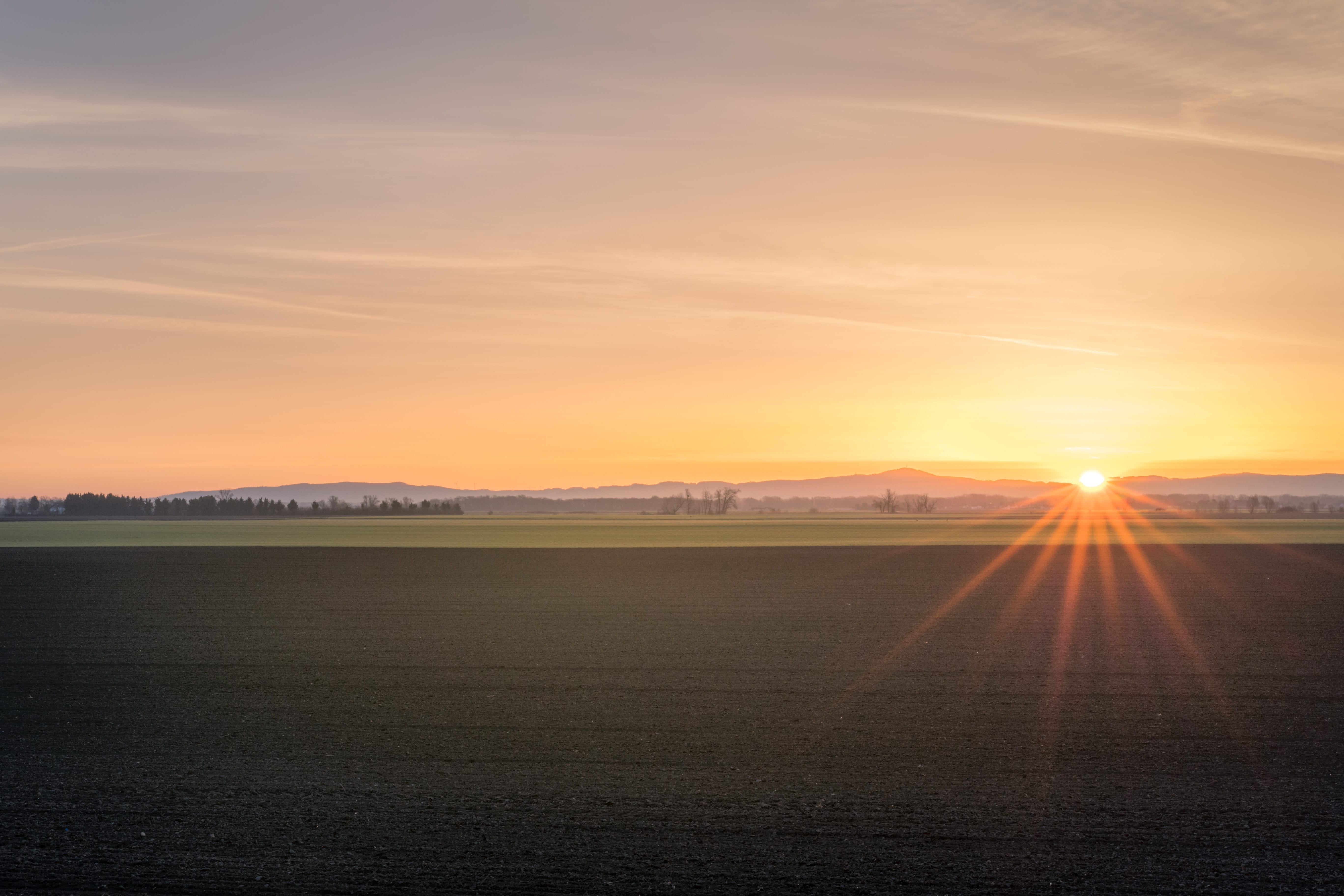 airport runway, orange color, land, sunlight, across, no People, grass field, landscape, lens flare, orange, blue, soil, tranquility, sky, sunrise - Dawn, HD Wallpaper