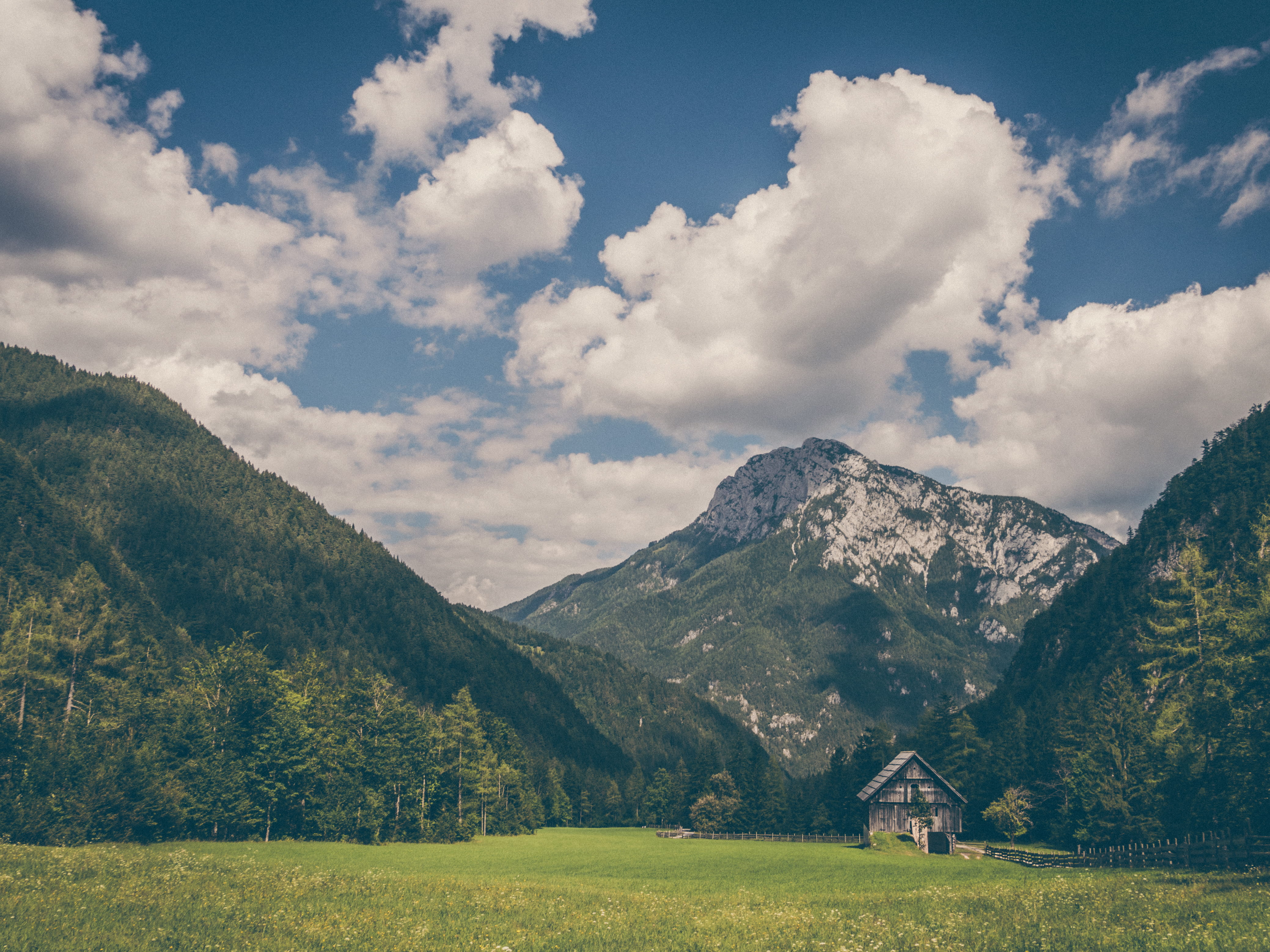 tranquil scene, architecture, sky, cloud, land, grass, cloud - sky, environment, forest, house, hill, alp, day, beauty in nature, plant, peak, mountain peak, HD Wallpaper