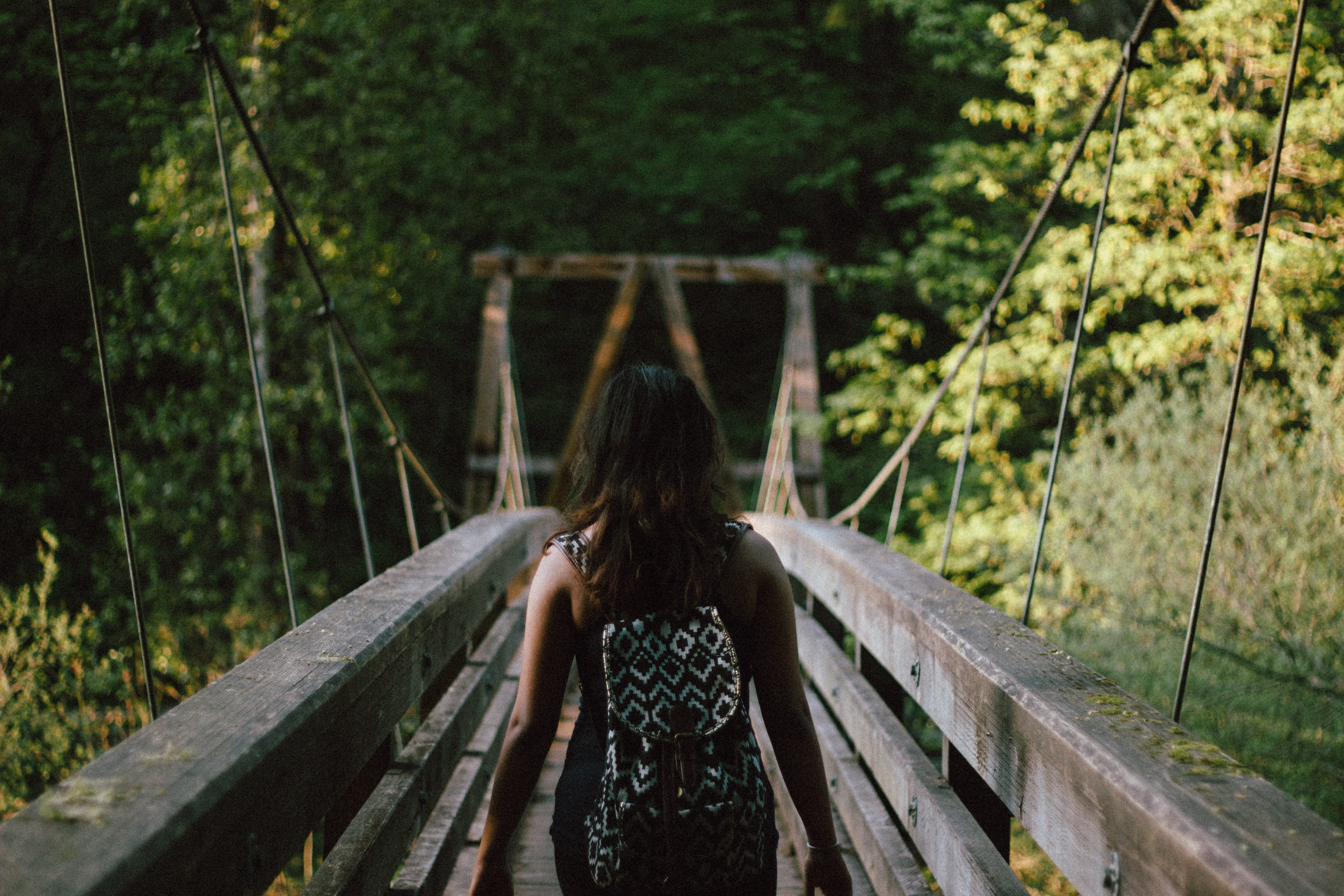 young adult, footbridge, landscape, person, trees, hairstyle, river, girl, woman, structure, suspension, 5K, outdoors, hike, bridge - man made structure, HD Wallpaper