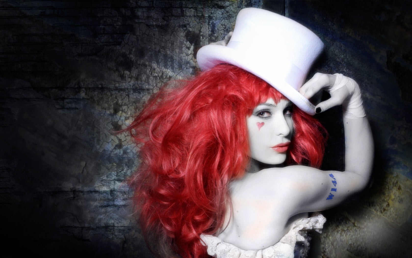 color Image, beautiful woman, looking at viewer, evil, halloween, Emilie Autumn, portrait, 720P, looking at camera, make-up, black background, glamour, HD Wallpaper