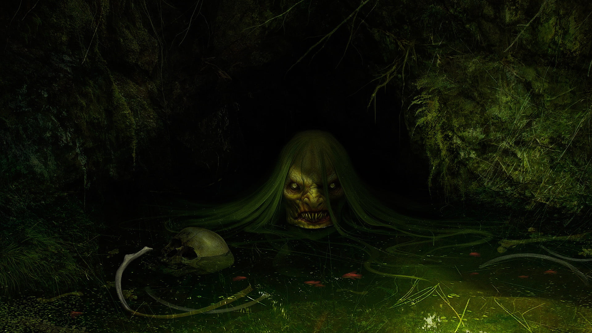 fright, Daniel Jiménez Villalba, swamp, art, 1080P, fantasy, Jenny Greenteeth, HD Wallpaper