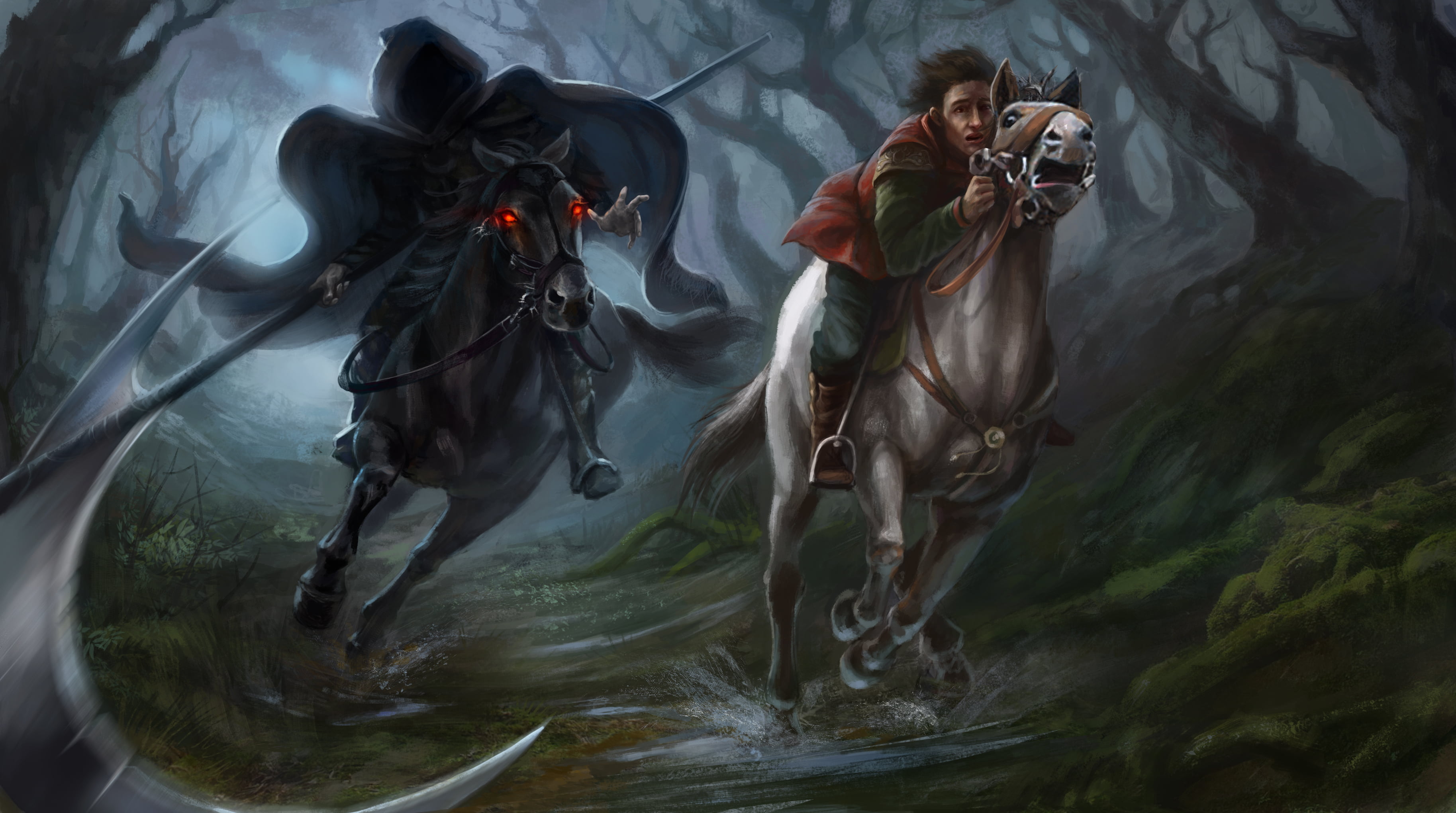 water, riding, nature, outdoors, lifestyles, forest, day, death, grim, full length, chased, rider, leisure activity, domestic, horseback riding, mammal, HD Wallpaper