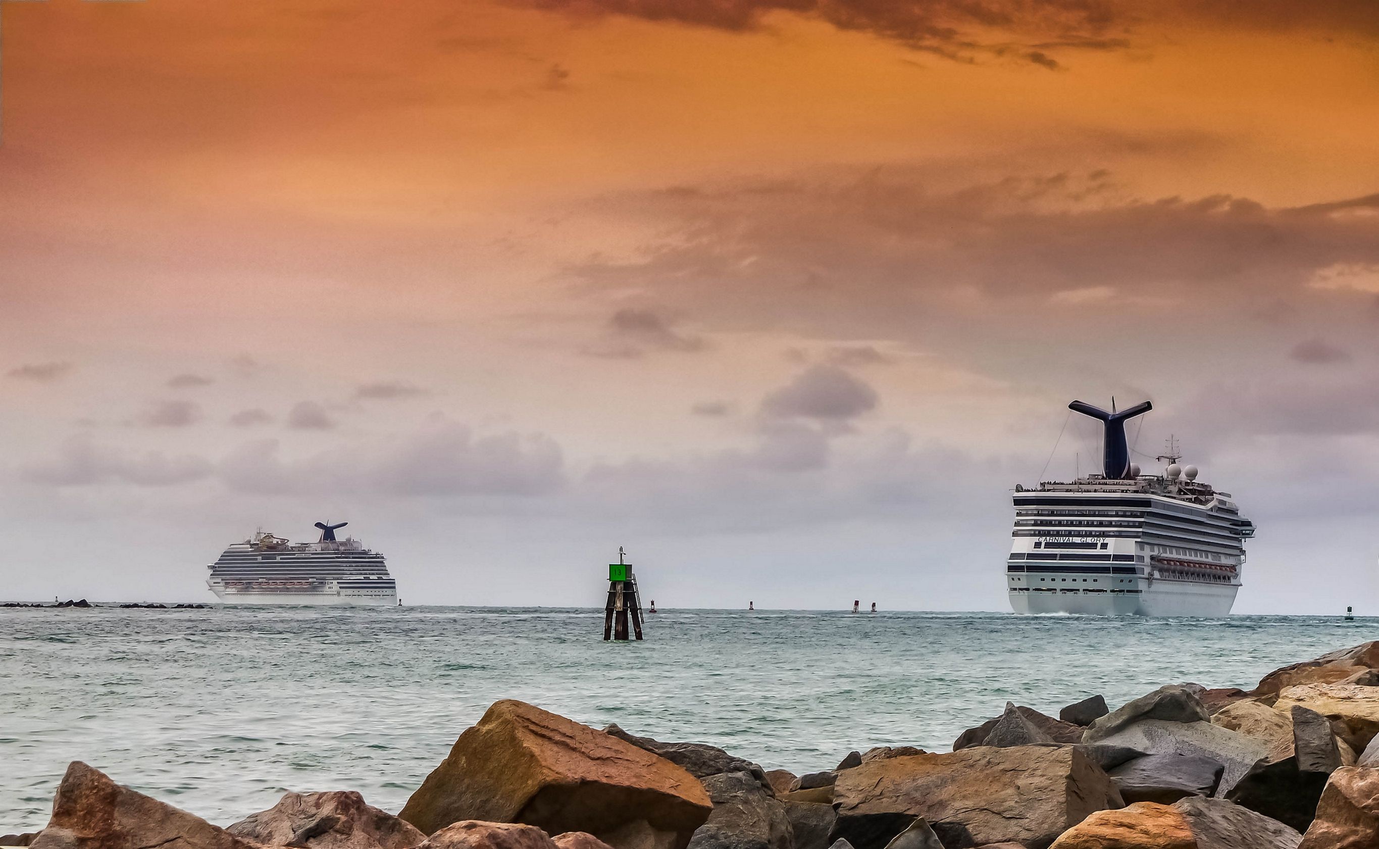 built structure, tower, passenger craft, rock - object, cruise vacation, sea, guidance, cloud - sky, boat, 2K, voyage, ship, sunset, architecture, ocean, HD Wallpaper