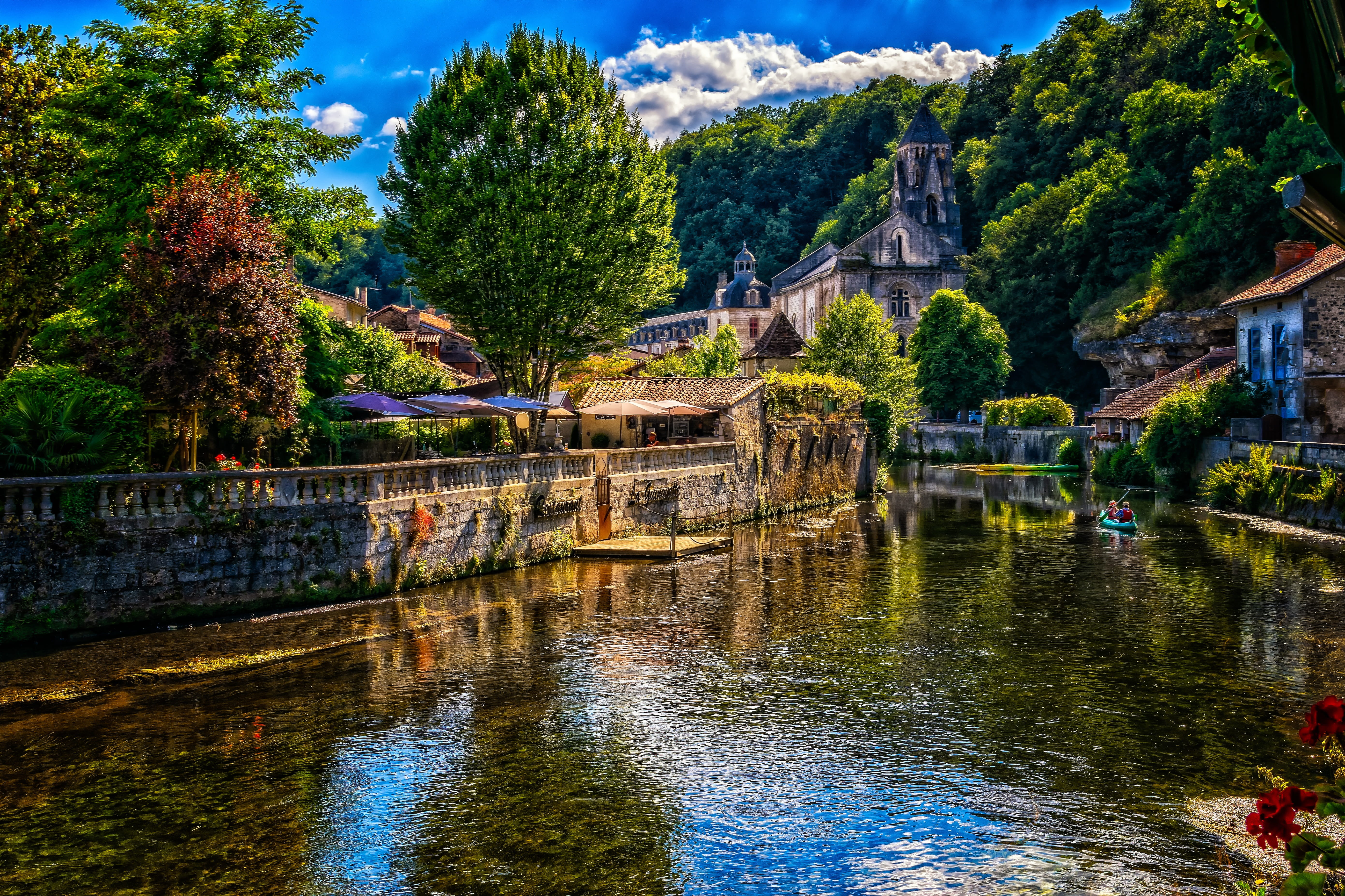 connection, building exterior, no people, brantome, 5K, reflections, boat, vacations, plant, reflection, building, france, city, summer, waterfront, landscape, HD Wallpaper