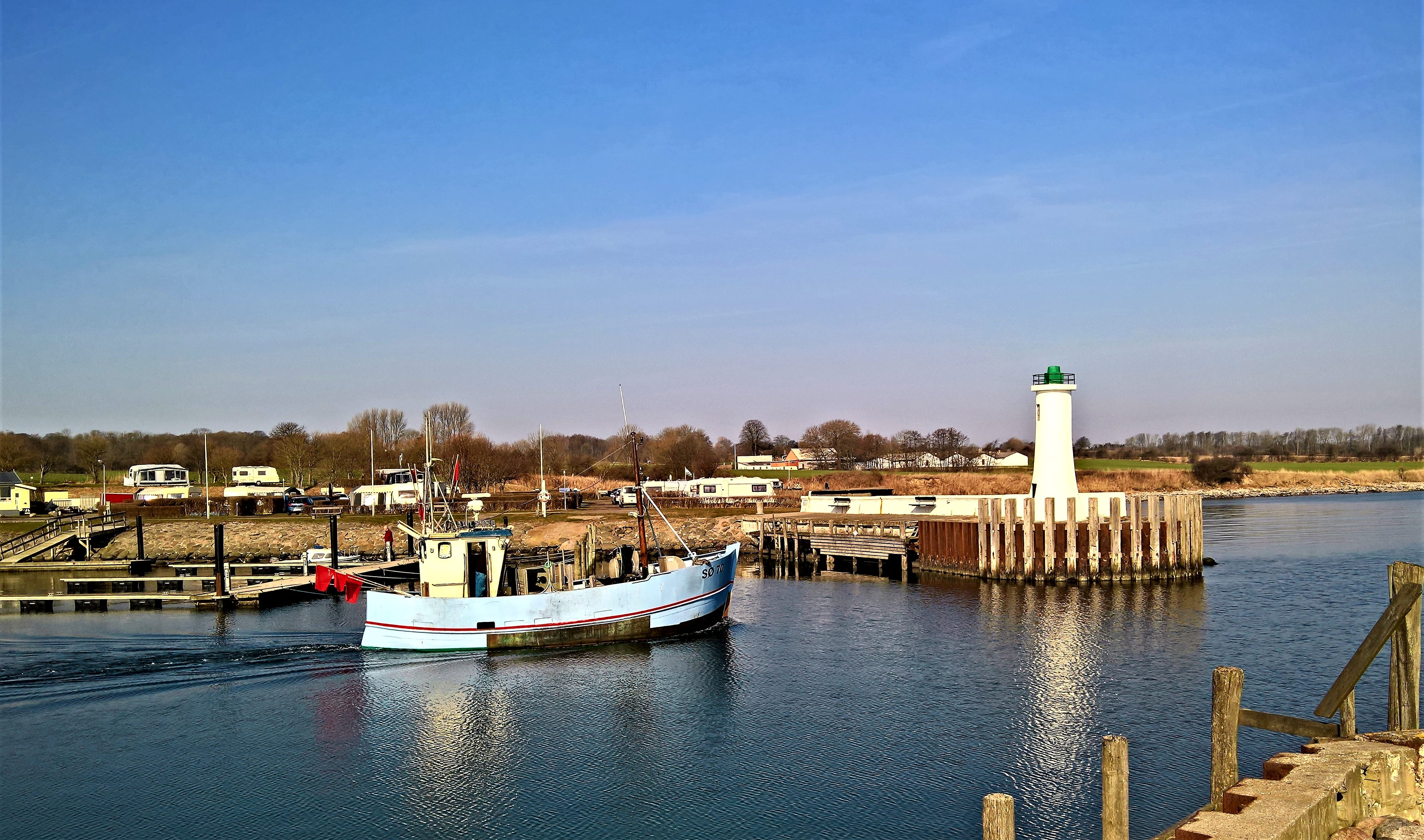 small fishing port, day, near, lighthouse, moored, tower, daymark, building exterior, denmark, marina, boat, 4K, transportation, nature, building, outdoors, HD Wallpaper