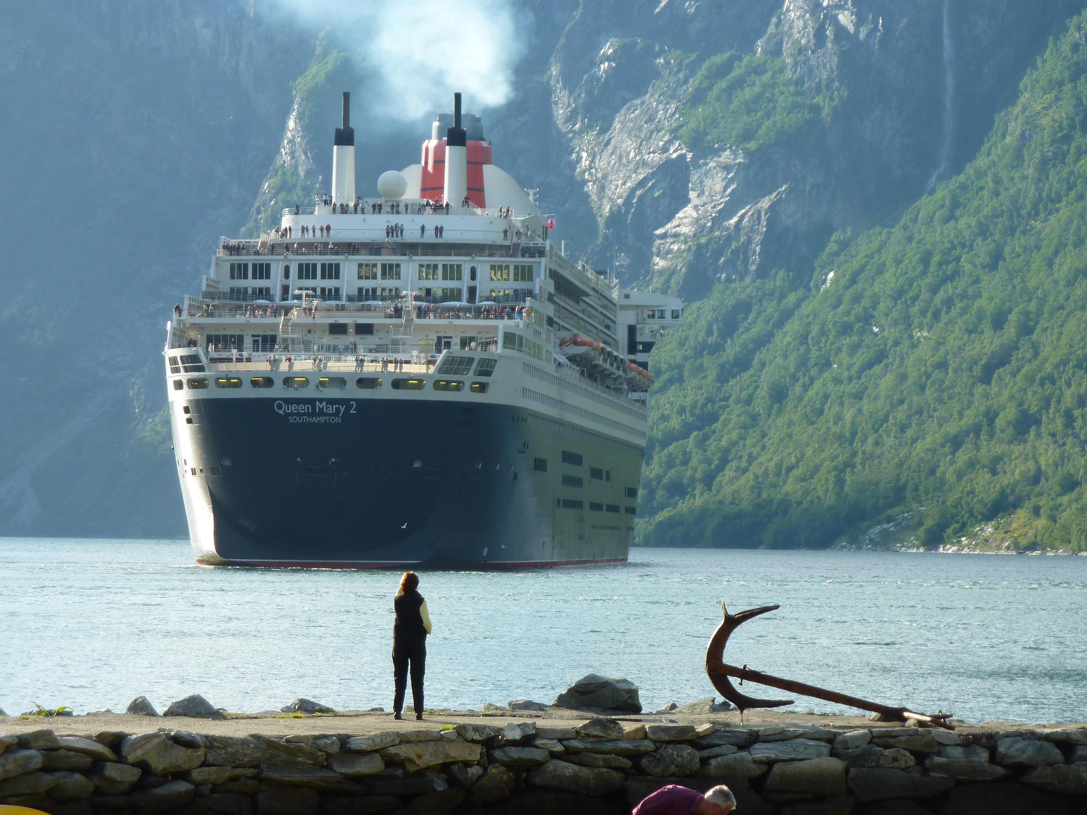 fjord, men, traffic, anchorage, queen mary 2, sea, ocean, mountain, shipping, rock - object, investors, day, solid, maritime, passenger craft, beauty in nature, HD Wallpaper
