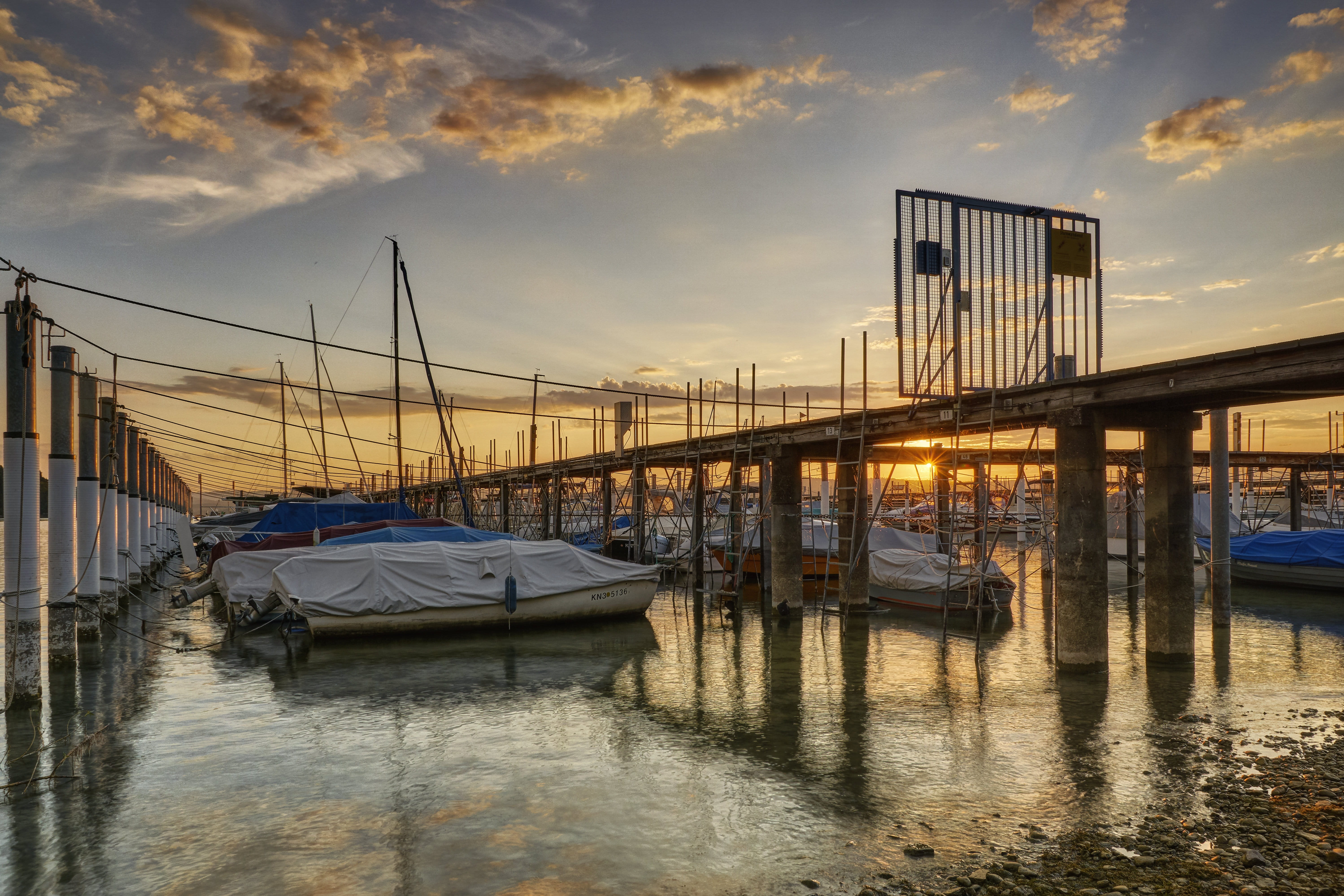 built structure, web, reflection, port, sun, building exterior, mood, sunrise, nature, sailboat, 5K, architecture, jetty, lake constance, transportation, HD Wallpaper