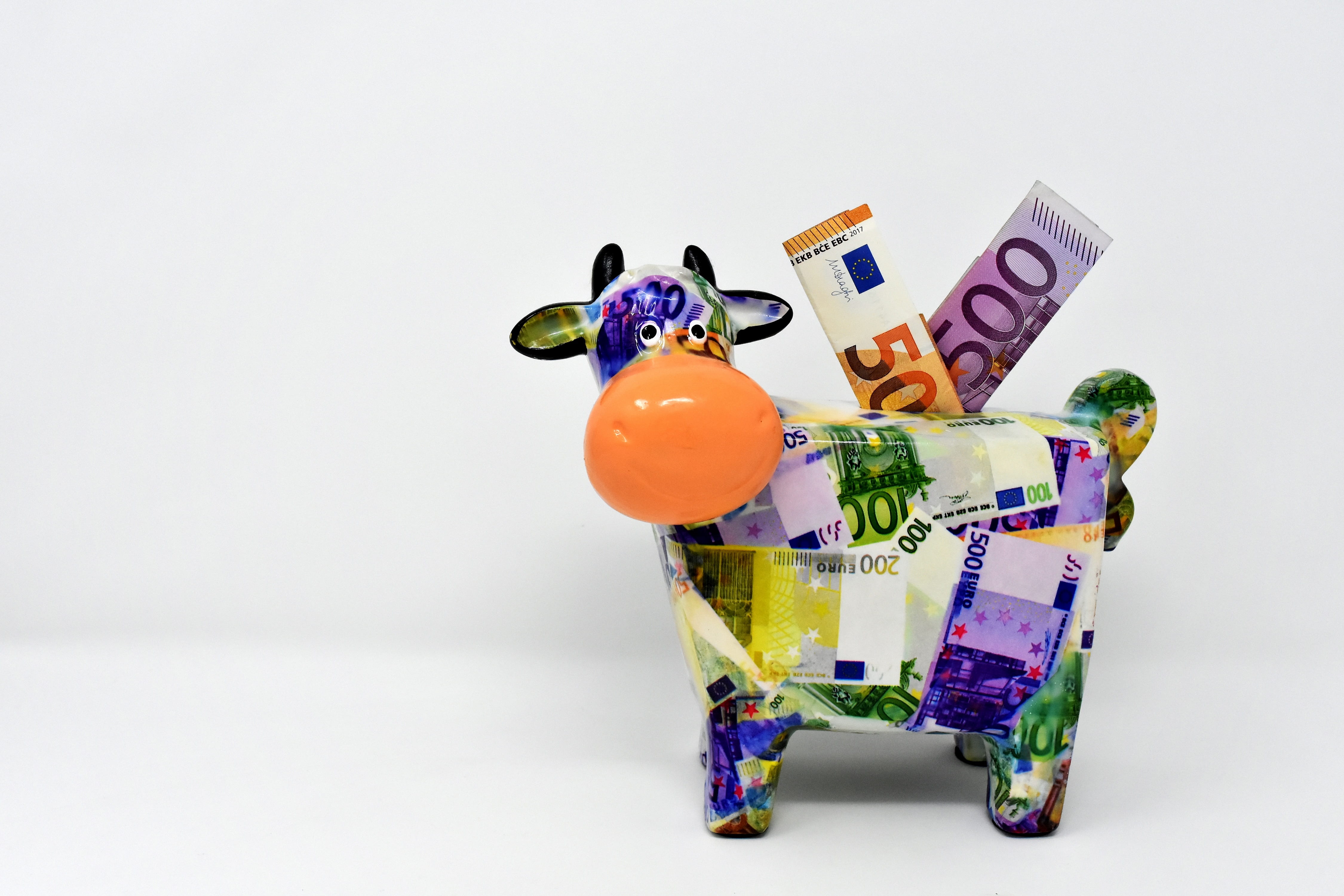 finance, currency, variation, economy, copy space, cow, save, 500 euro, euro, multi colored, economical, funny, wealth, dollar bill, piggy bank, cut out, HD Wallpaper